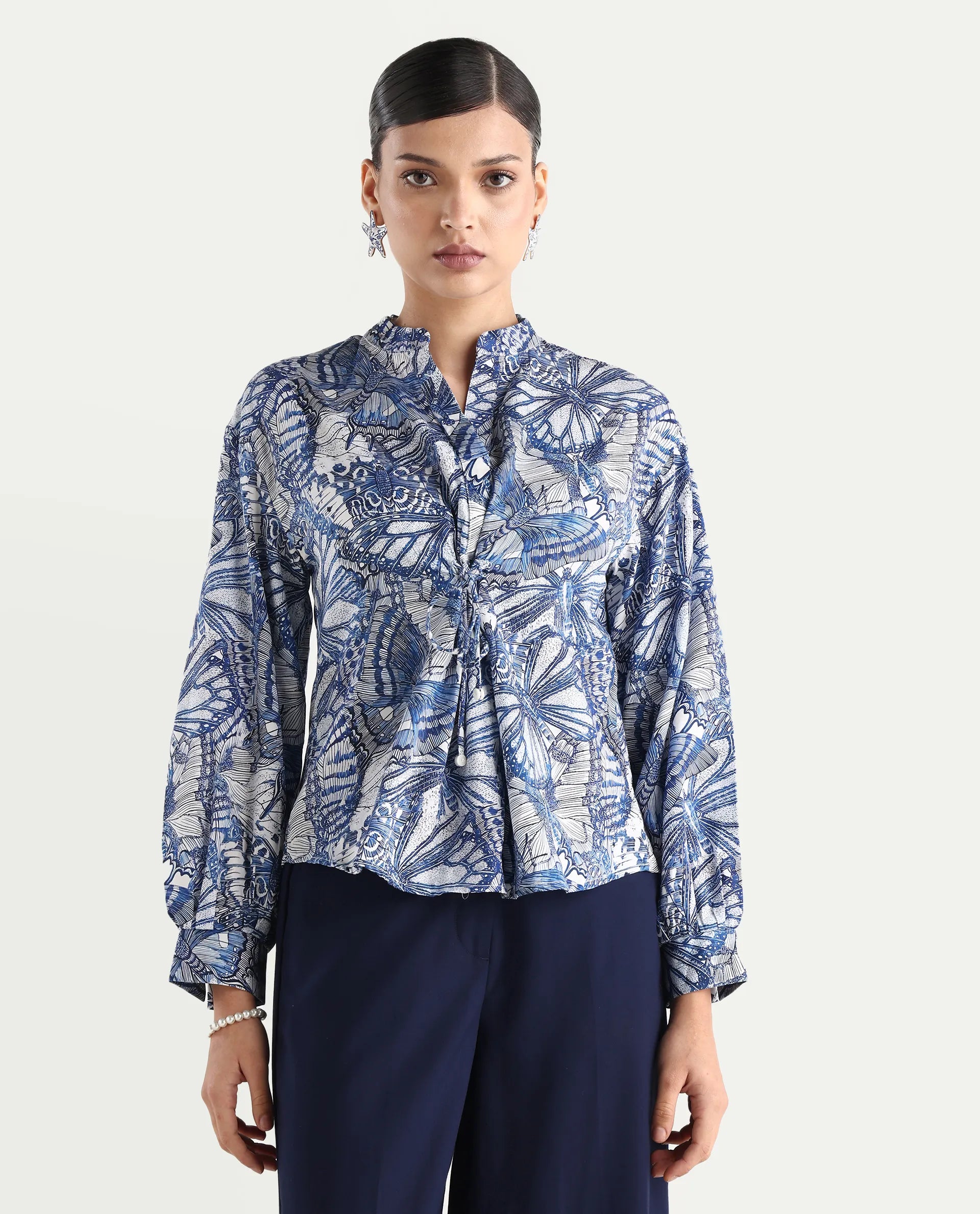 Rareism Women's Bhasny Blue Tencel Mandarin Collar Abstract Print Puff Sleeves Regular Fit Top