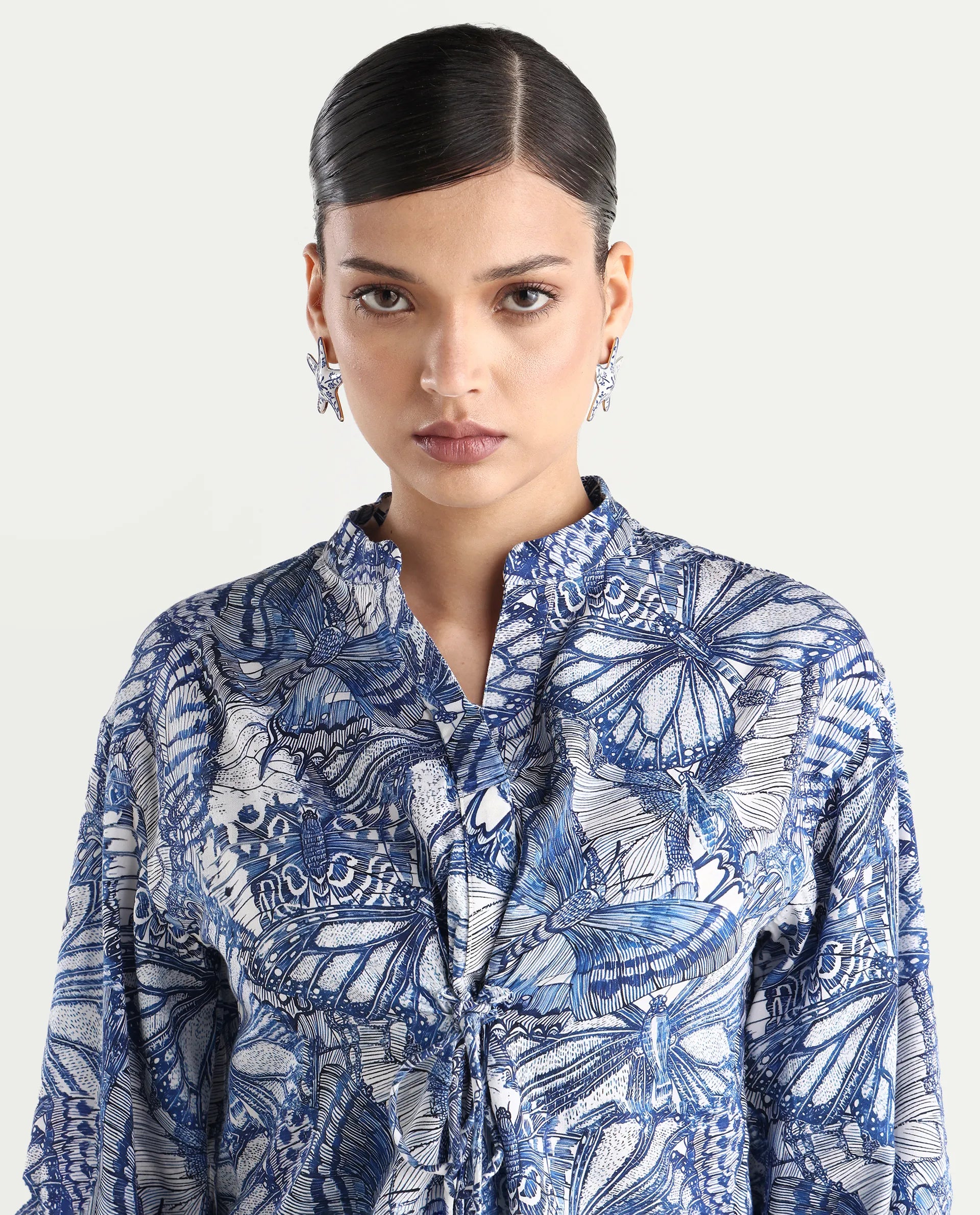 Rareism Women's Bhasny Blue Cotton Blend Mandarin Collar Abstract Print Puff Sleeves Regular Fit Top