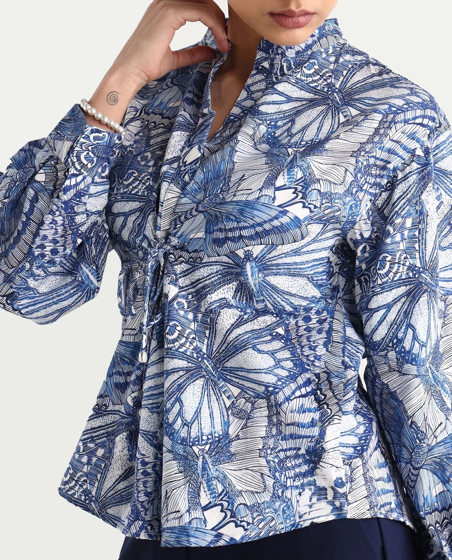 Rareism Women's Bhasny Blue Cotton Blend Mandarin Collar Abstract Print Puff Sleeves Regular Fit Top