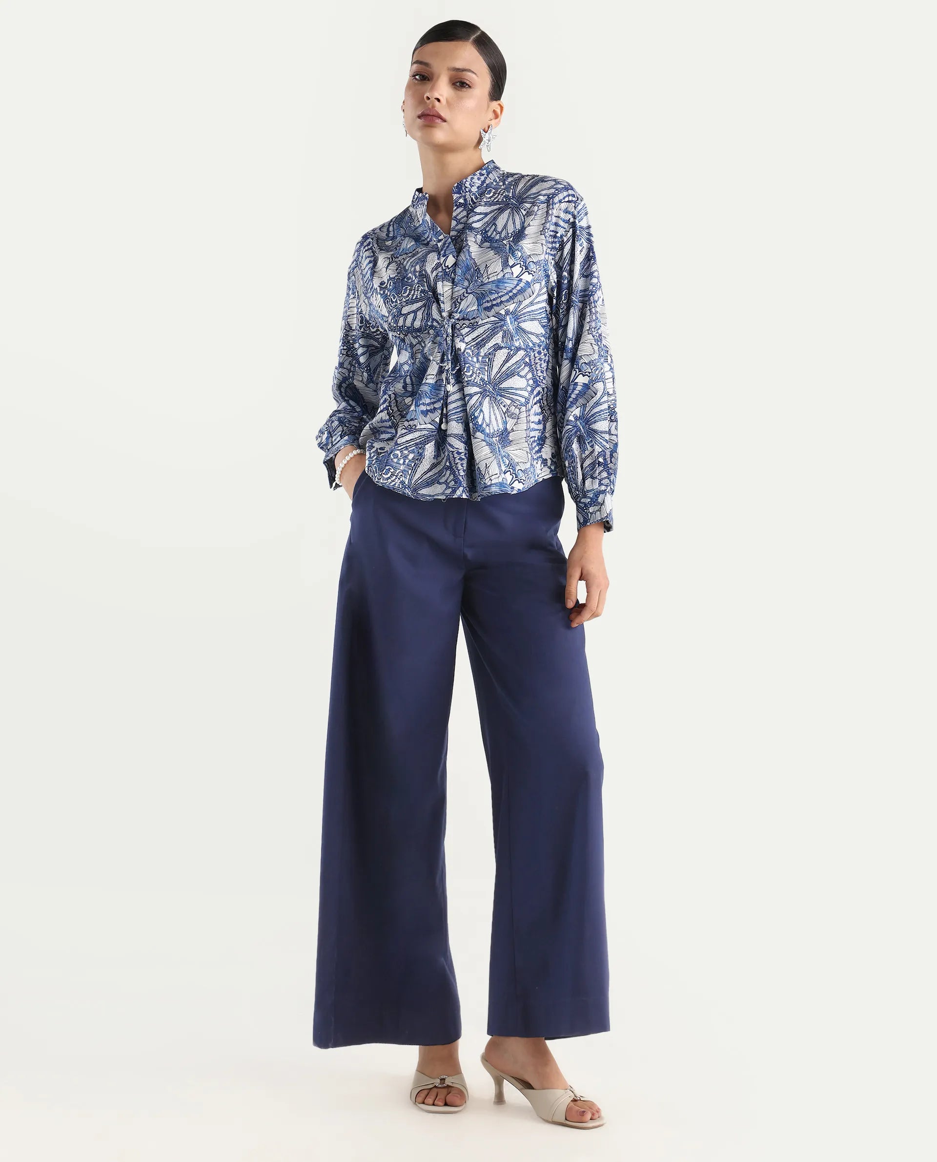 Rareism Women's Bhasny Blue Cotton Blend Mandarin Collar Abstract Print Puff Sleeves Regular Fit Top