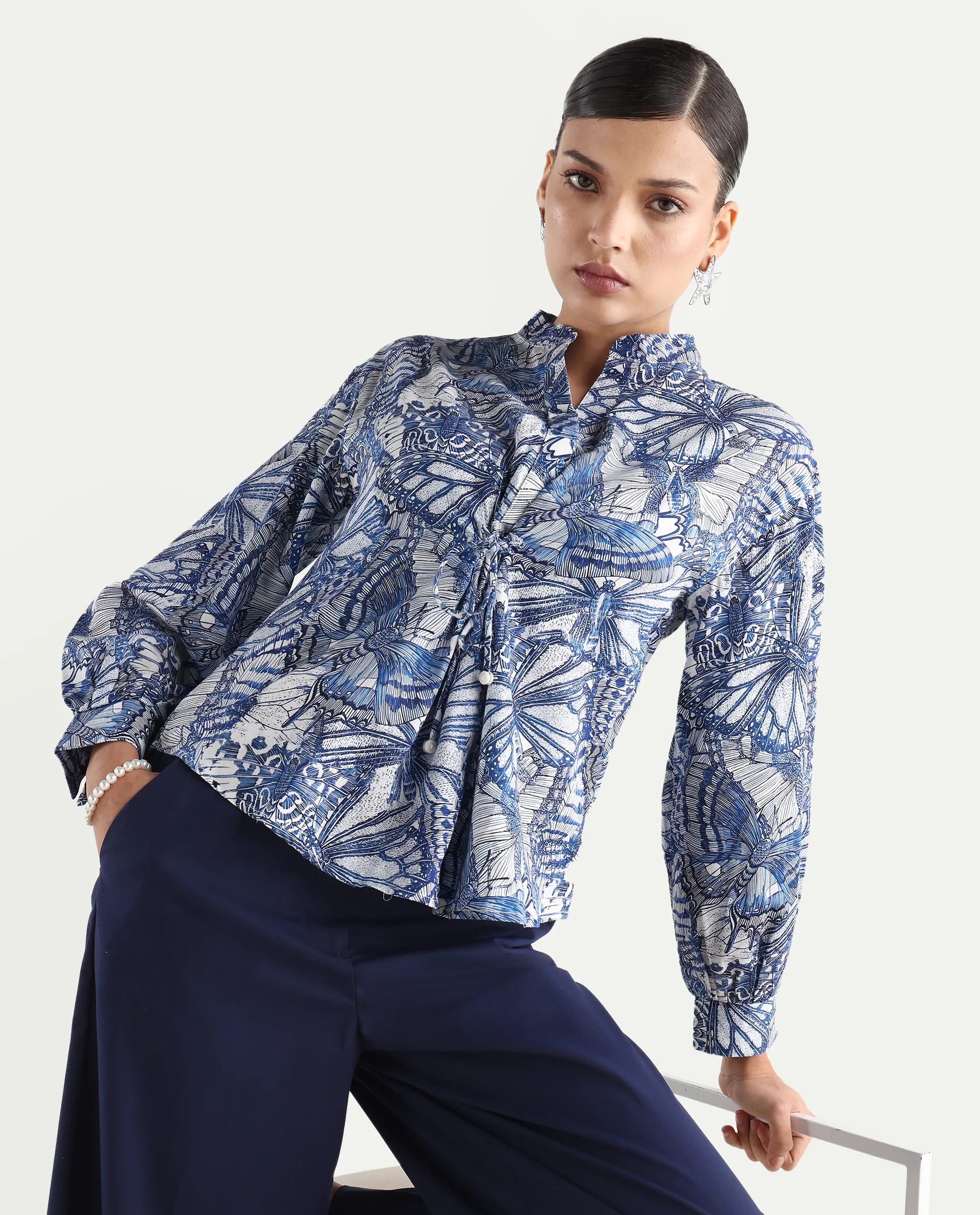 Rareism Women's Bhasny Blue Tencel Mandarin Collar Abstract Print Puff Sleeves Regular Fit Top