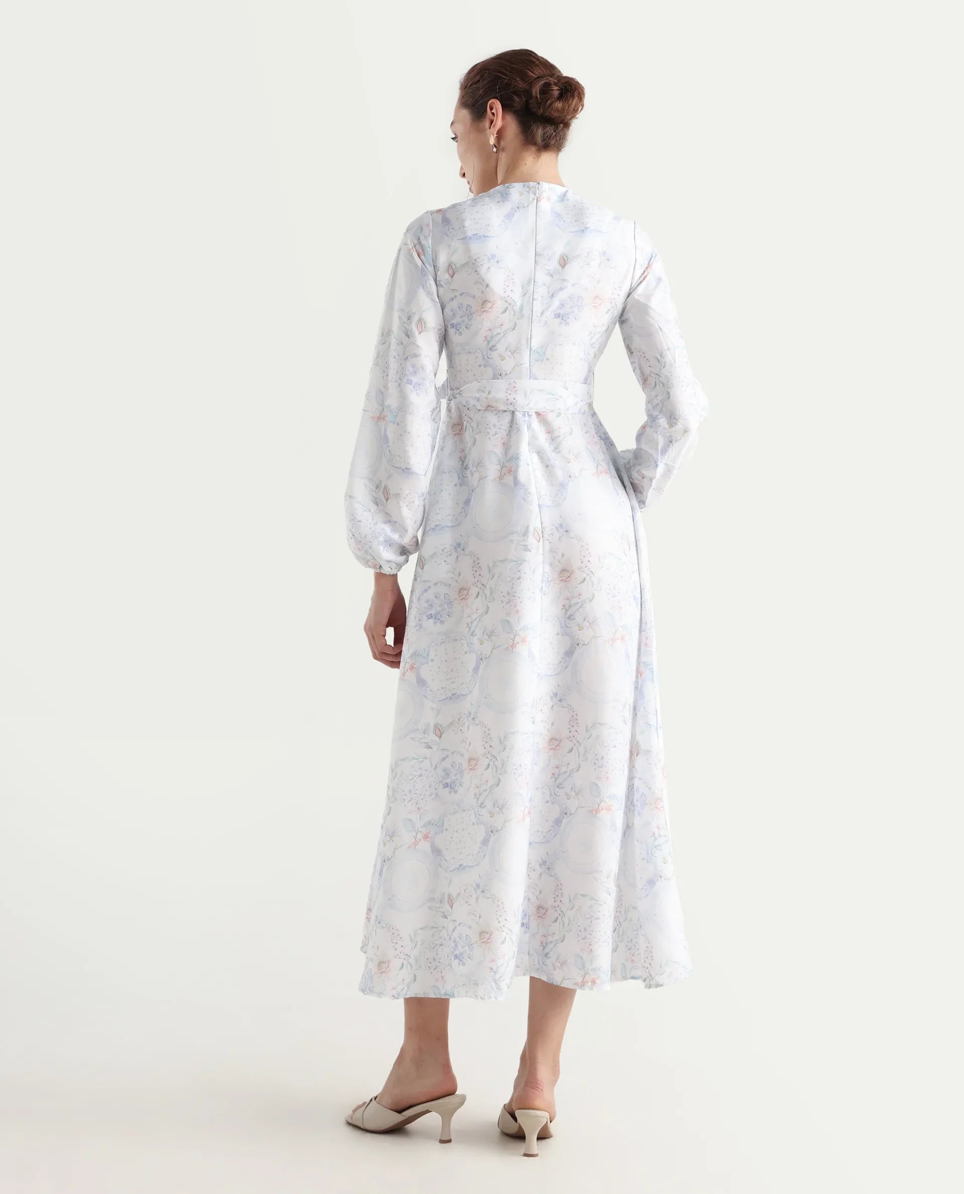 Rareism Women's Bhaxjo Light Multi Cotton V-Neck Abstract Print Midi A-Line Dress