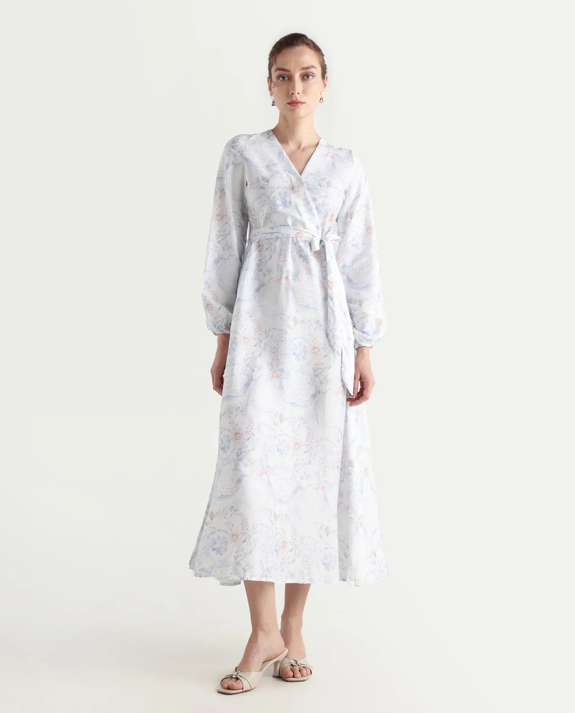 Rareism Women's Bhaxjo Light Multi Cotton V-Neck Abstract Print Midi A-Line Dress