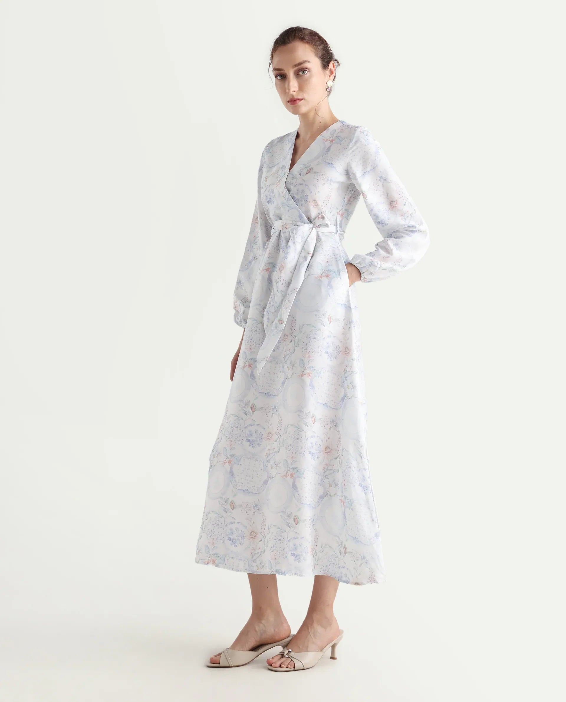 Rareism Women's Bhaxjo Light Multi Cotton V-Neck Abstract Print Midi A-Line Dress