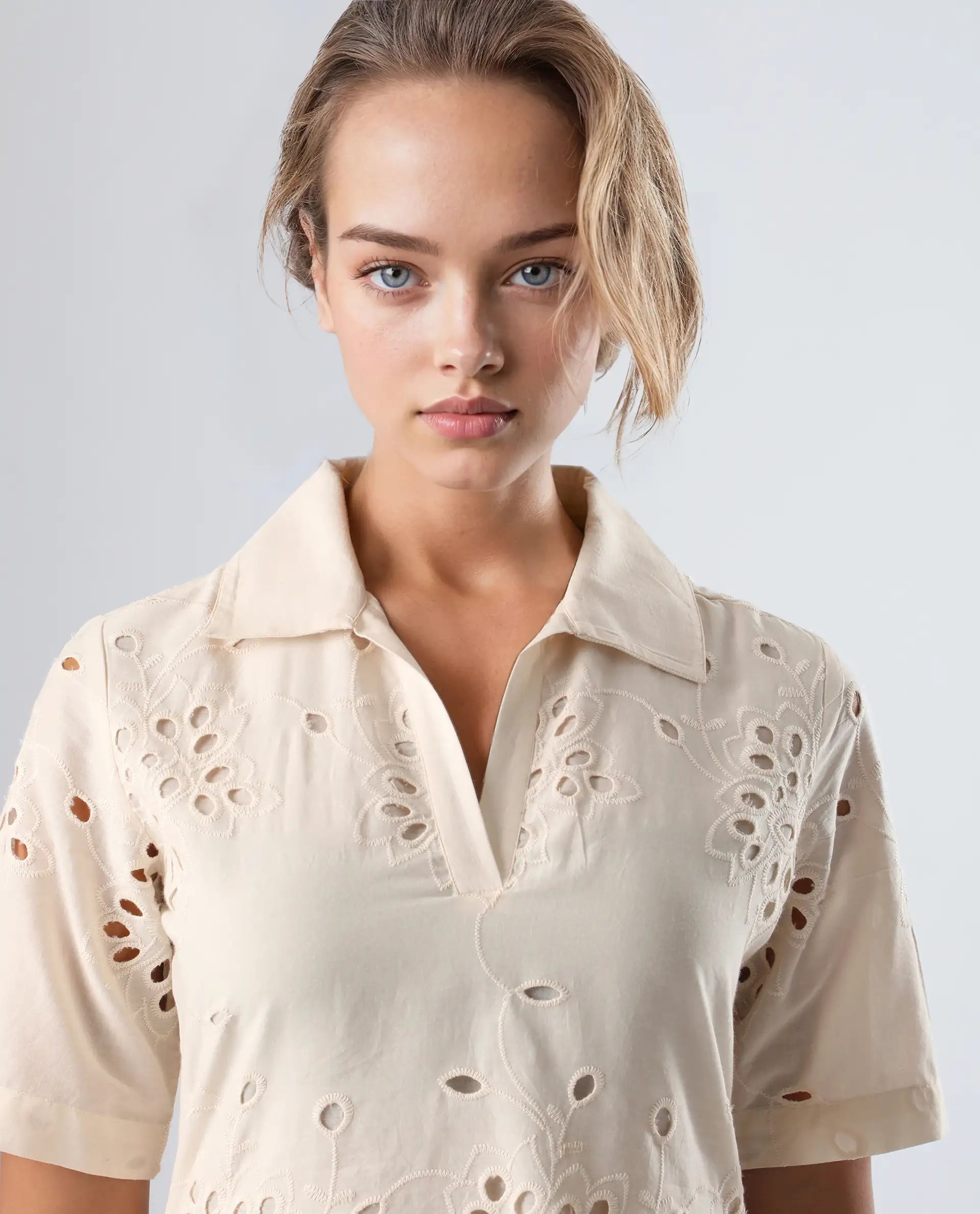 Rareism Women's Bhazi Off White Cotton Ribbed Collar Plain Knee Length Straight Fit Dress