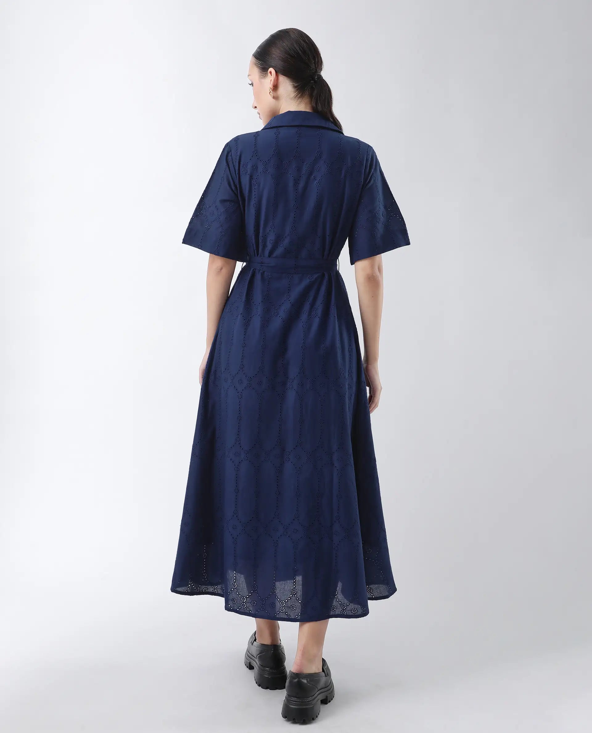Rareism Women's Bhazlo Navy Polyester Spread Collar Plain Midi A-Line Dress