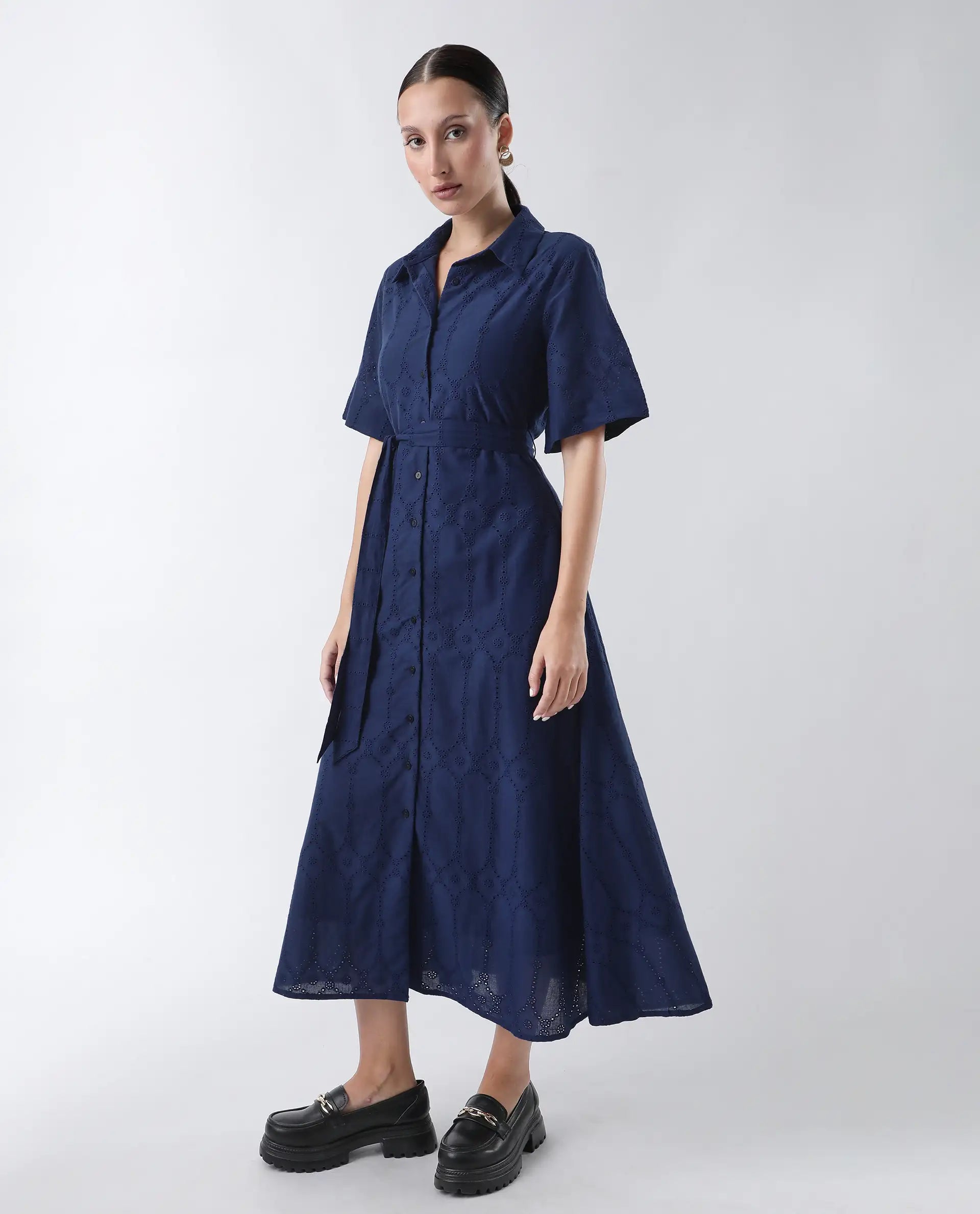 Rareism Women's Bhazlo Navy Polyester Spread Collar Plain Midi A-Line Dress