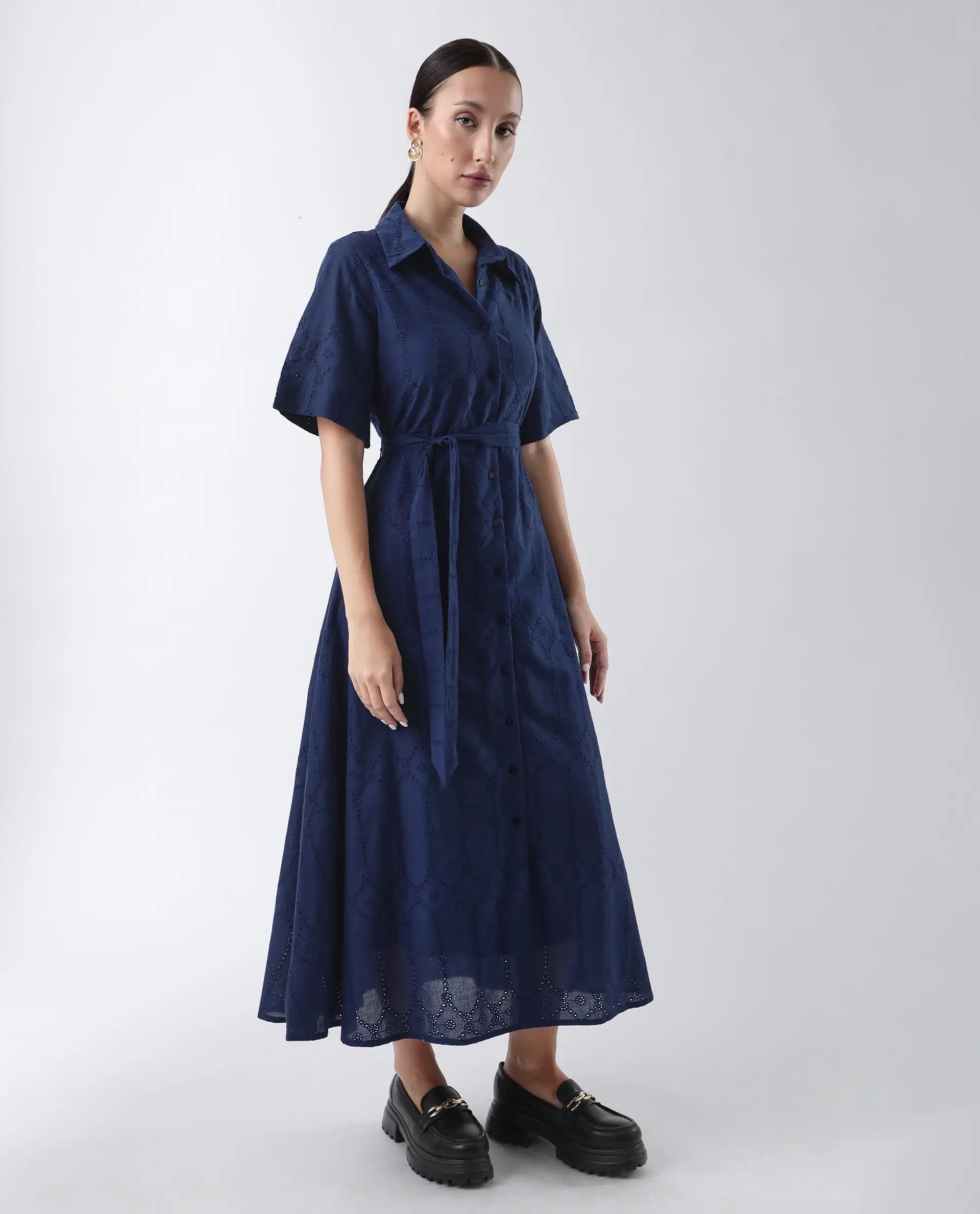 Rareism Women's Bhazlo Navy Polyester Spread Collar Plain Midi A-Line Dress