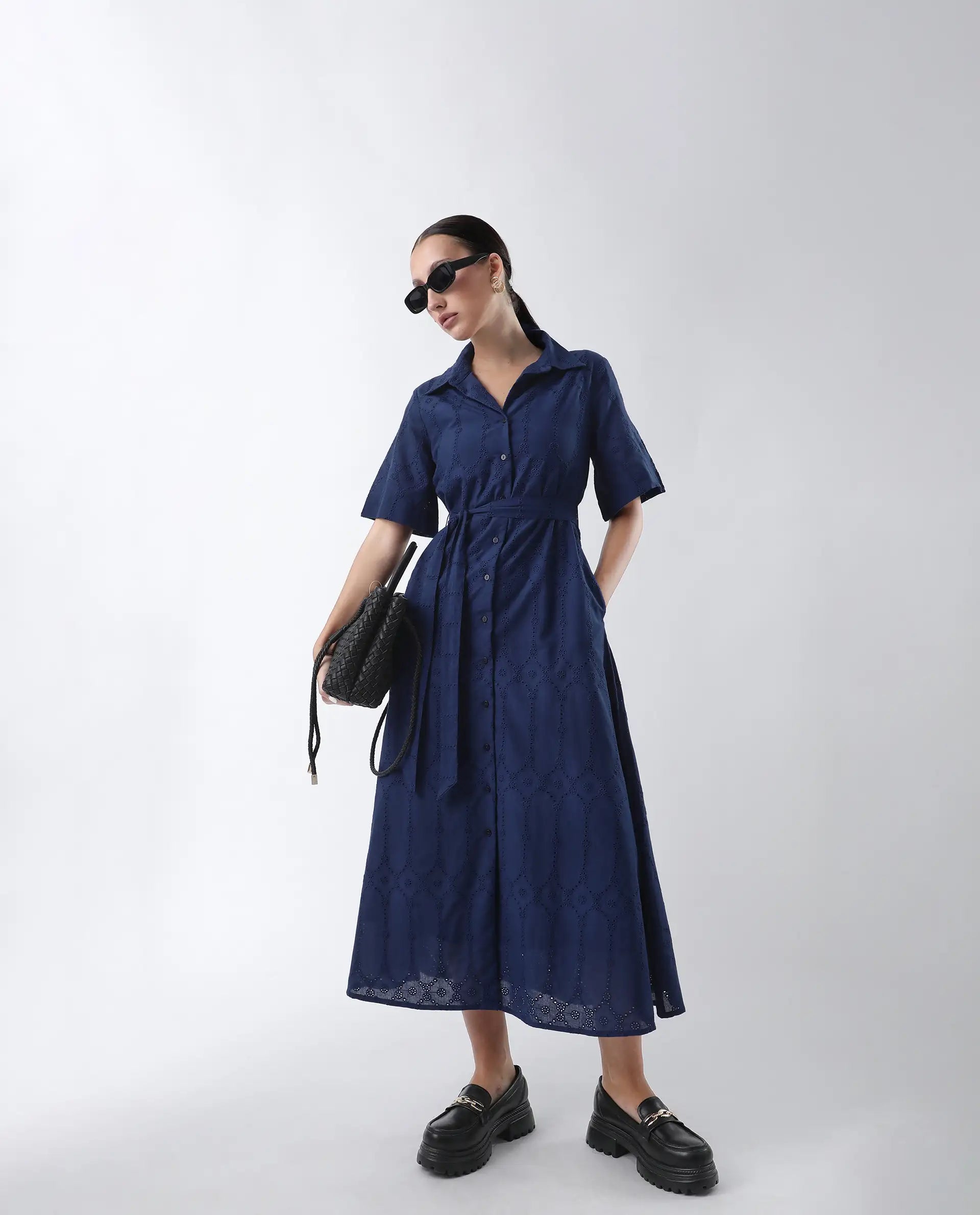 Rareism Women's Bhazlo Navy Polyester Spread Collar Plain Midi A-Line Dress