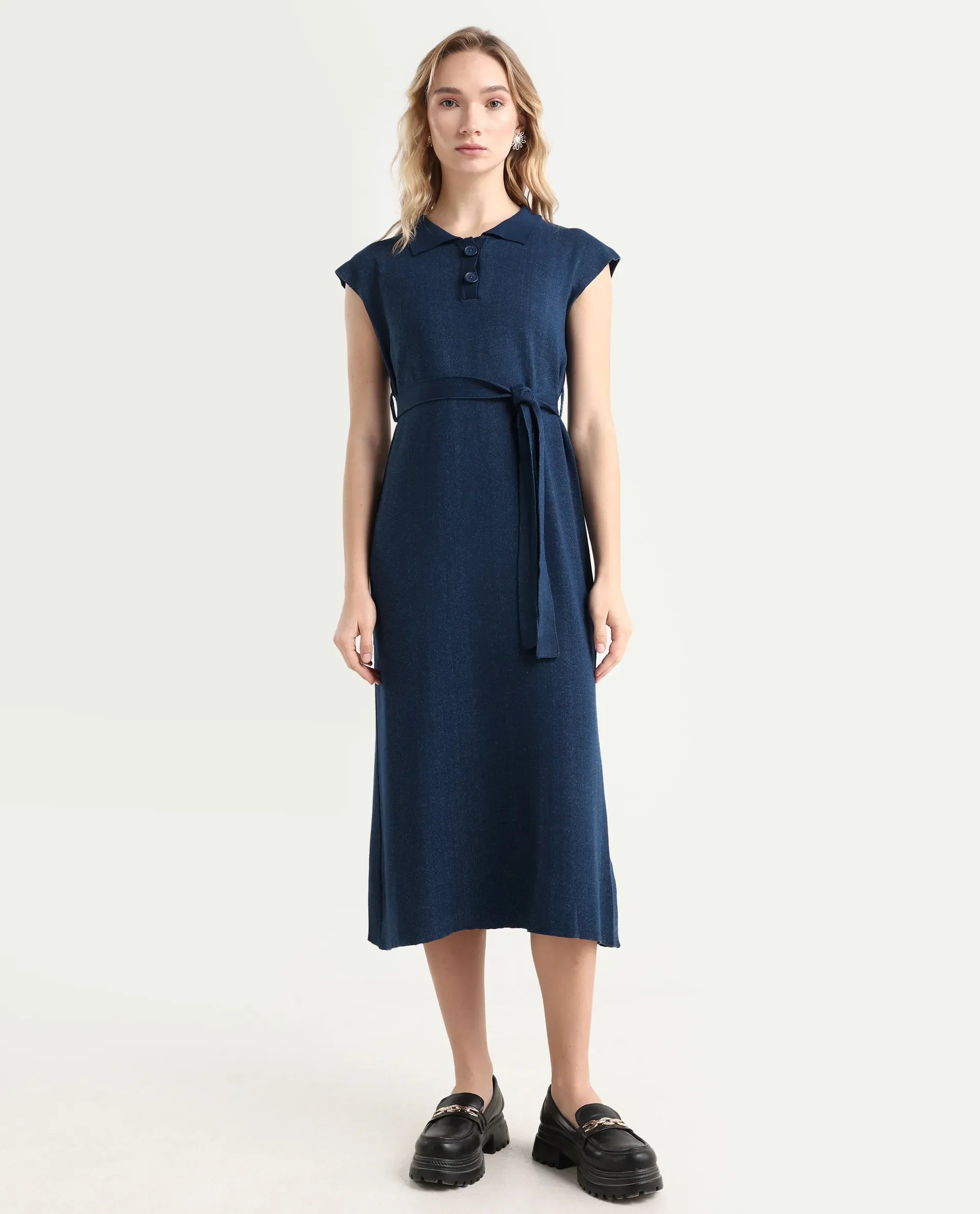 Rareism Women's Bhize Navy Viscose Blend Spread Collar Plain Extended Sleeves Midi Straight Fit Dress