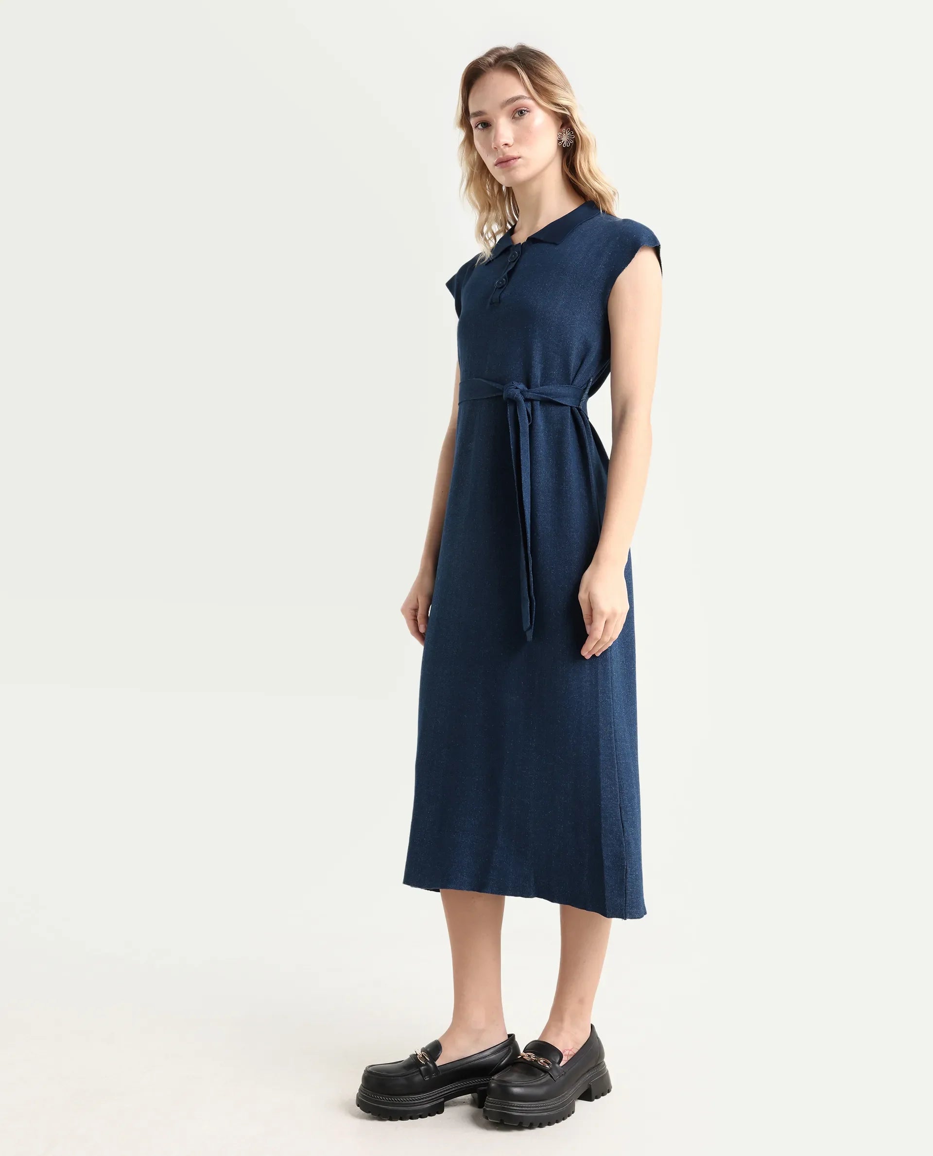 Rareism Women's Bhize Navy Viscose Blend Spread Collar Plain Extended Sleeves Midi Straight Fit Dress