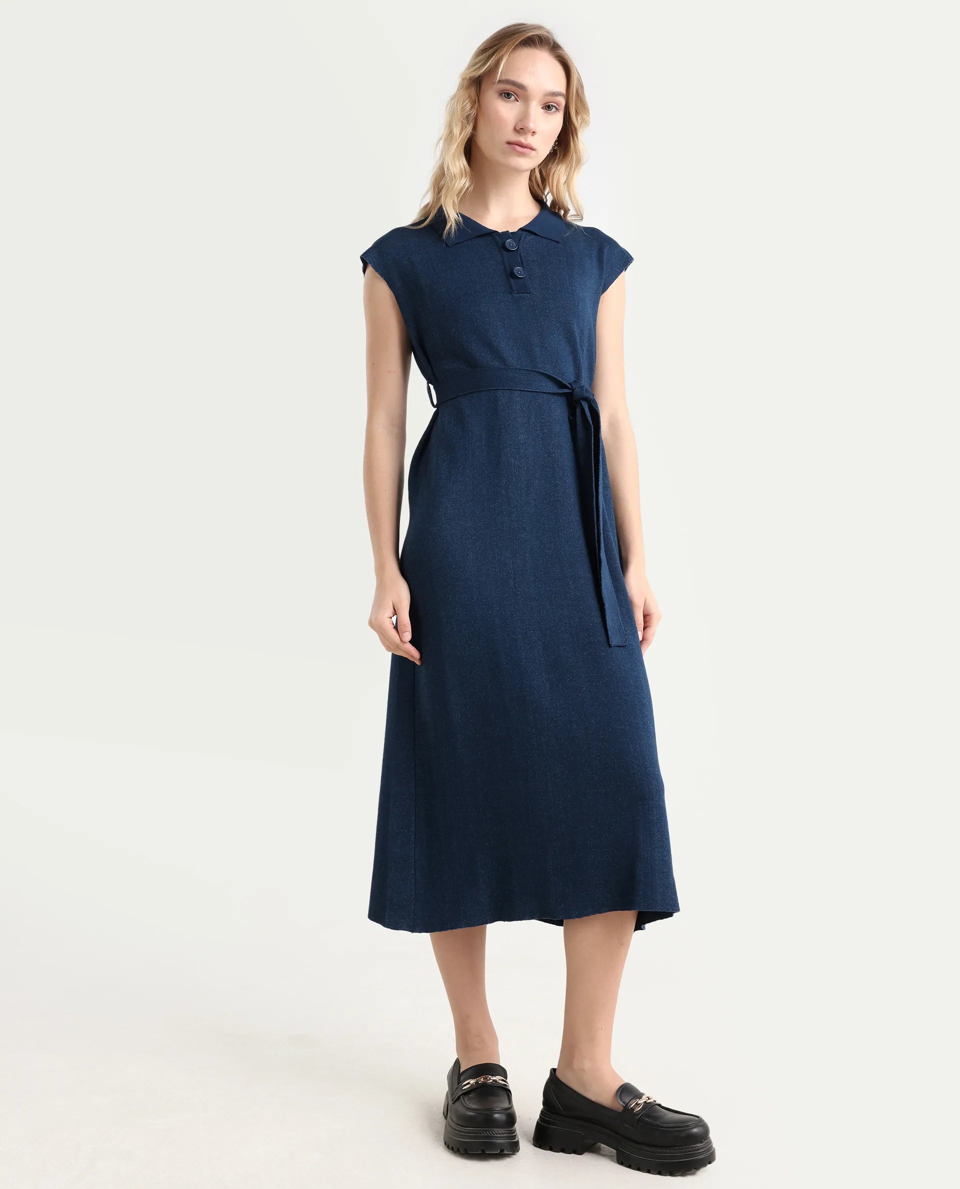 Rareism Women's Bhize Navy Viscose Blend Spread Collar Plain Extended Sleeves Midi Straight Fit Dress