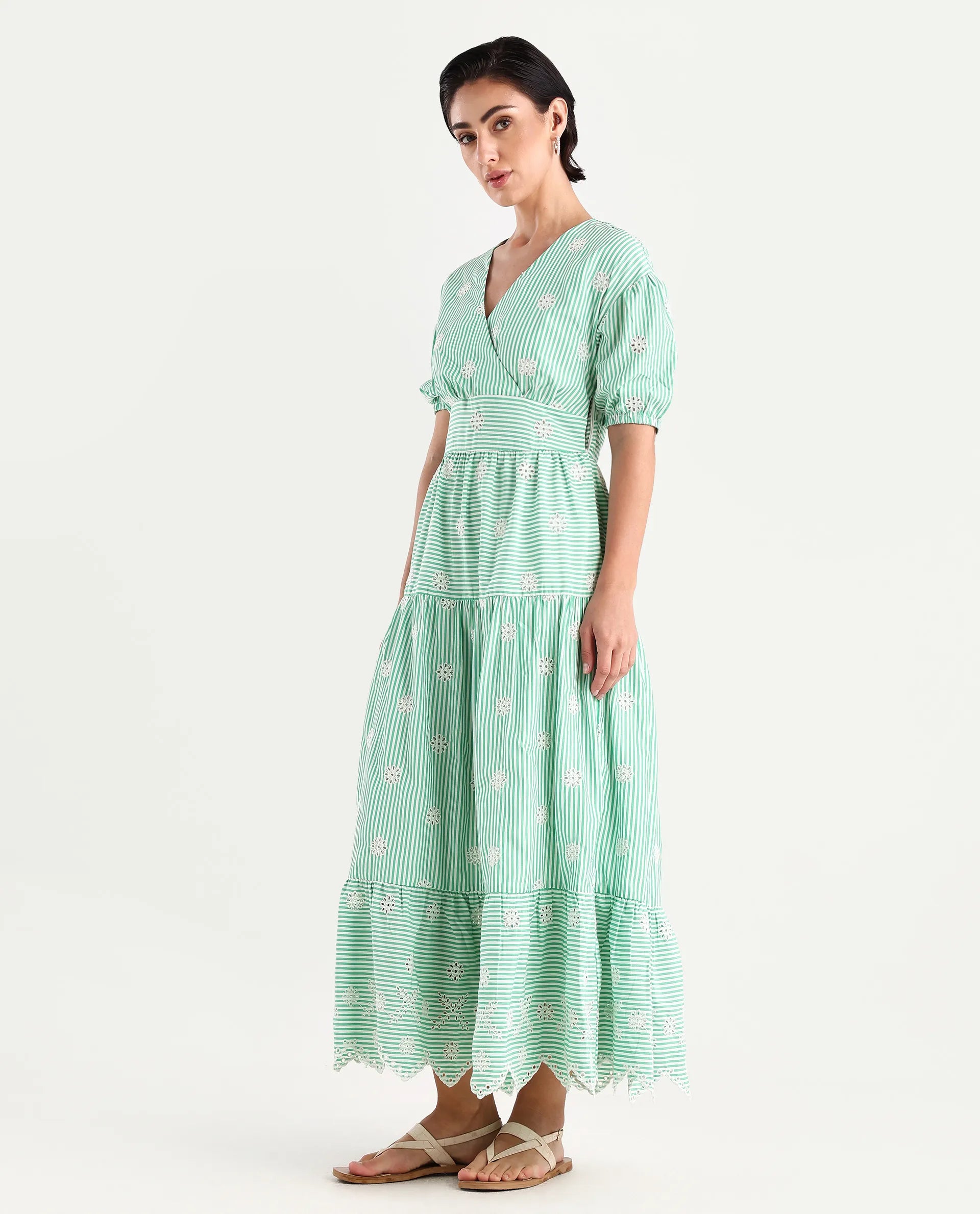 Rareism Women's Bhyrin Light Green Cotton V-Neck Striped Puff Sleeves Maxi Fit And Flare Dress