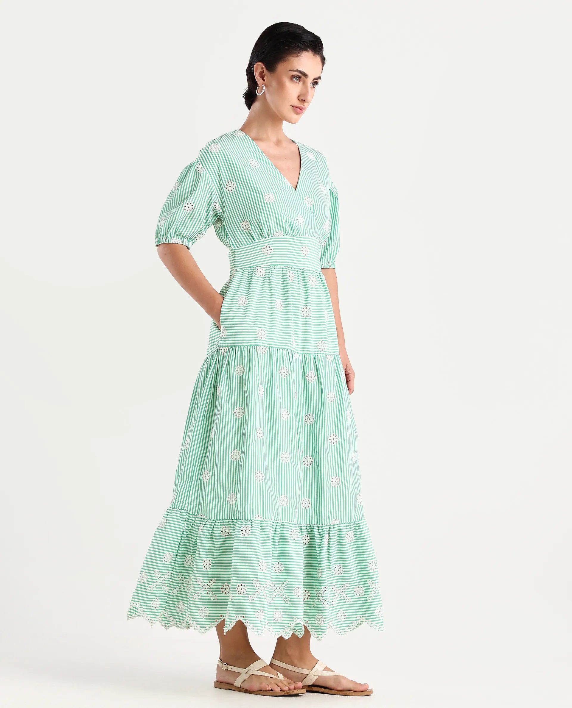 Rareism Women's Bhyrin Light Green Cotton V-Neck Striped Puff Sleeves Maxi Fit And Flare Dress