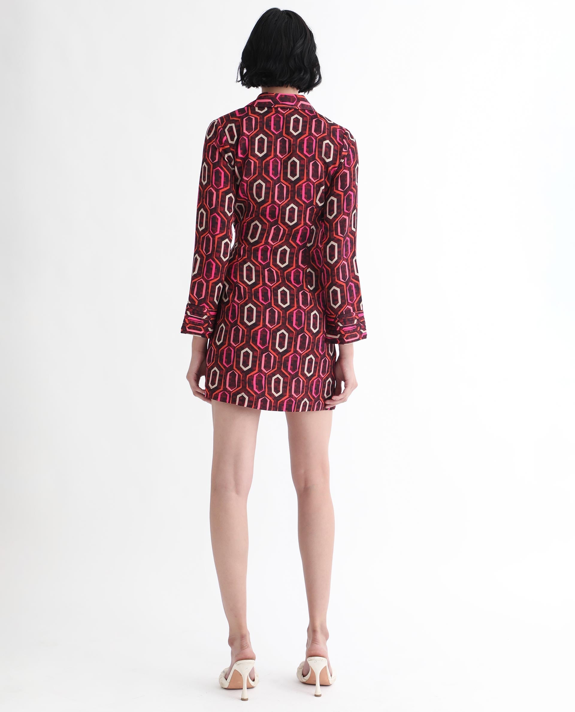 Rareism Women's Binden Dark Brown Polyester Lapel Neck Geometric Print Cuffed Sleeve Mini Relaxed Fit Dress