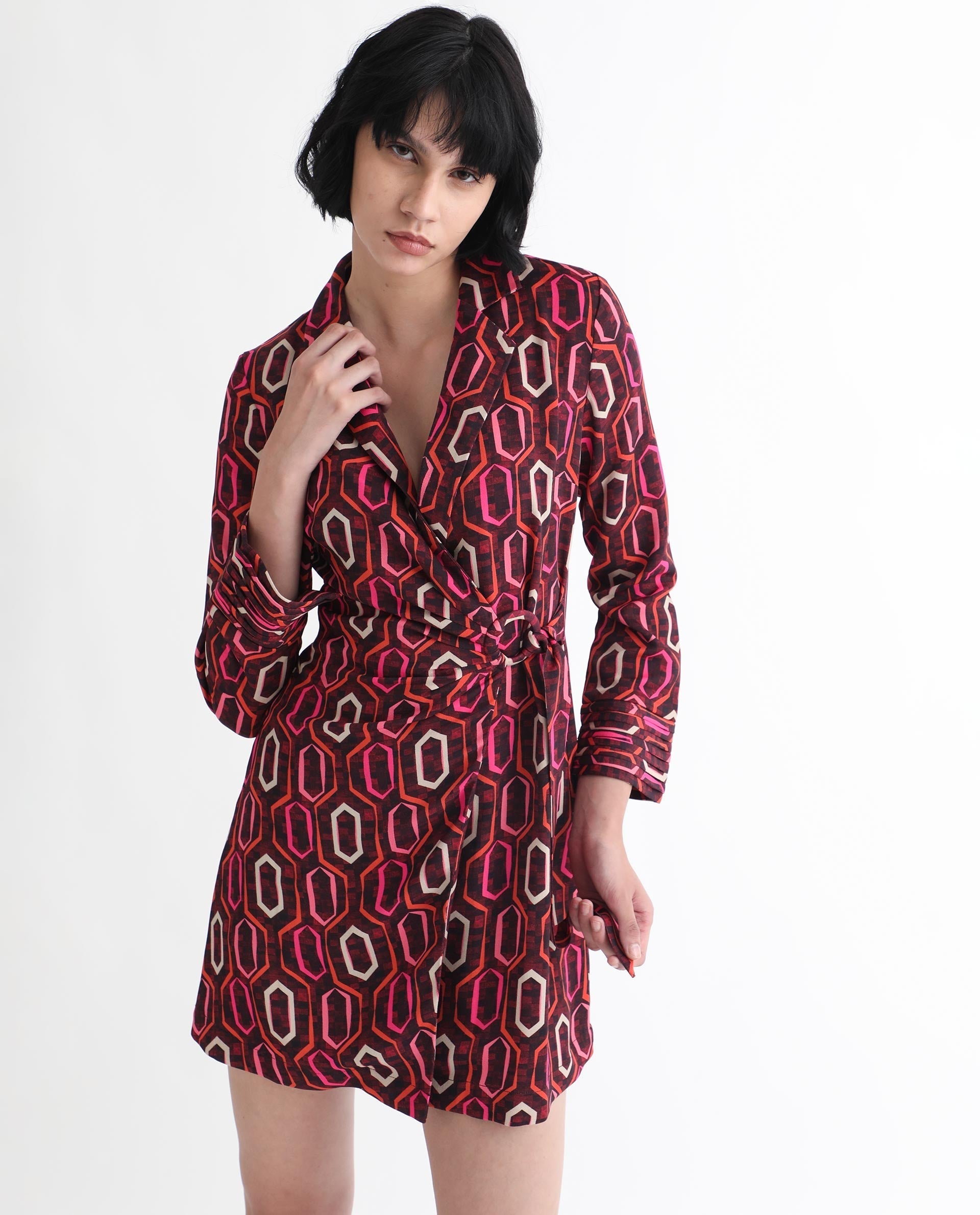 Rareism Women's Binden Dark Brown Polyester Lapel Neck Geometric Print Cuffed Sleeve Mini Relaxed Fit Dress