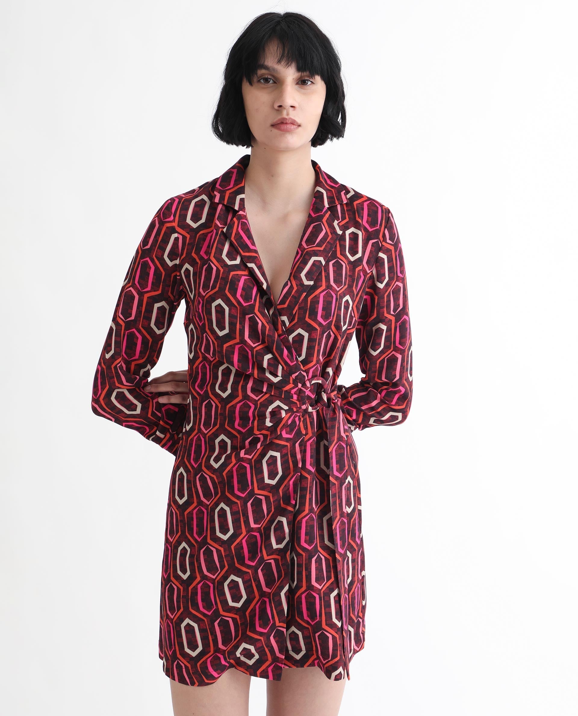 Rareism Women's Binden Dark Brown Polyester Lapel Neck Geometric Print Cuffed Sleeve Mini Relaxed Fit Dress