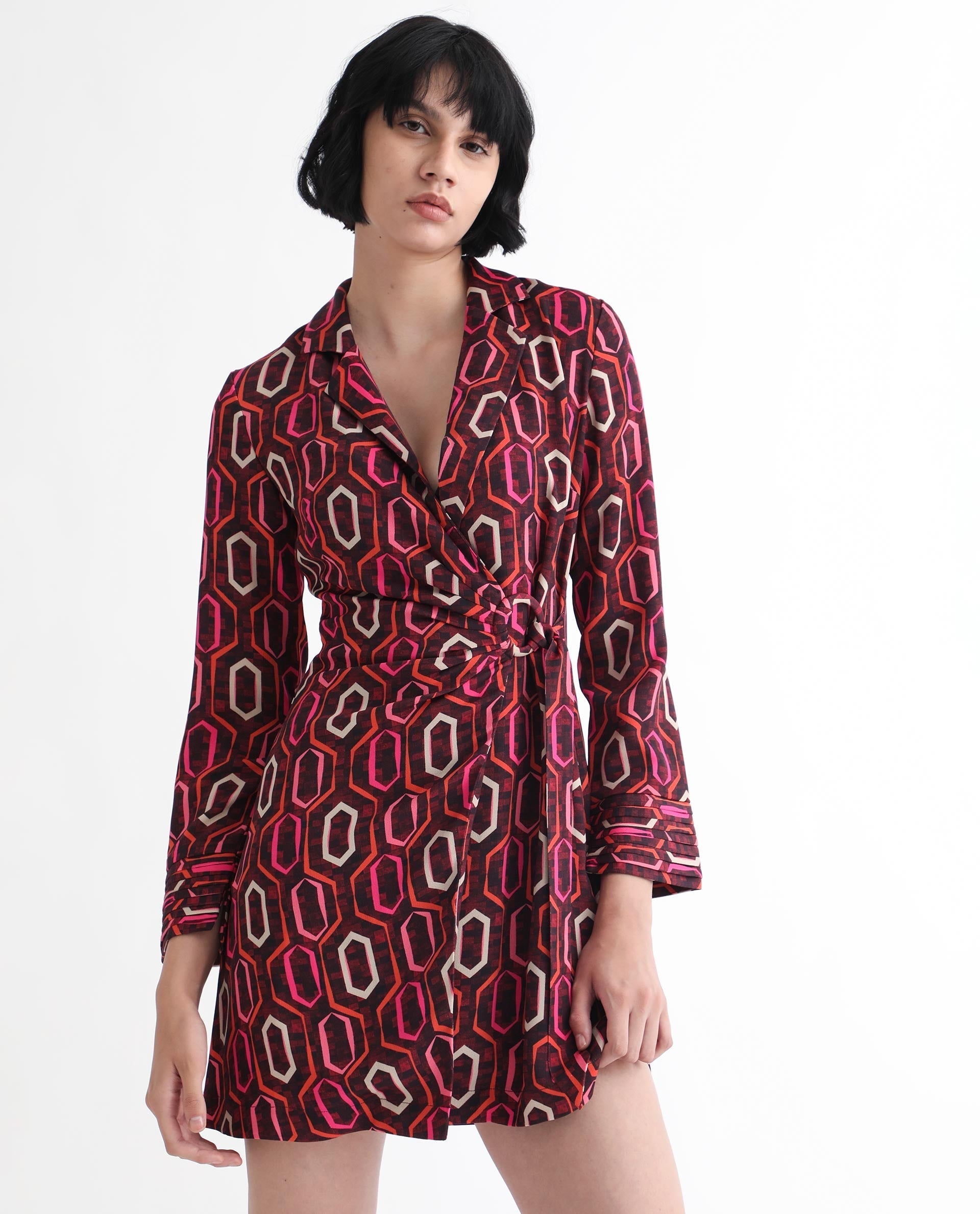 Rareism Women's Binden Dark Brown Polyester Lapel Neck Geometric Print Cuffed Sleeve Mini Relaxed Fit Dress