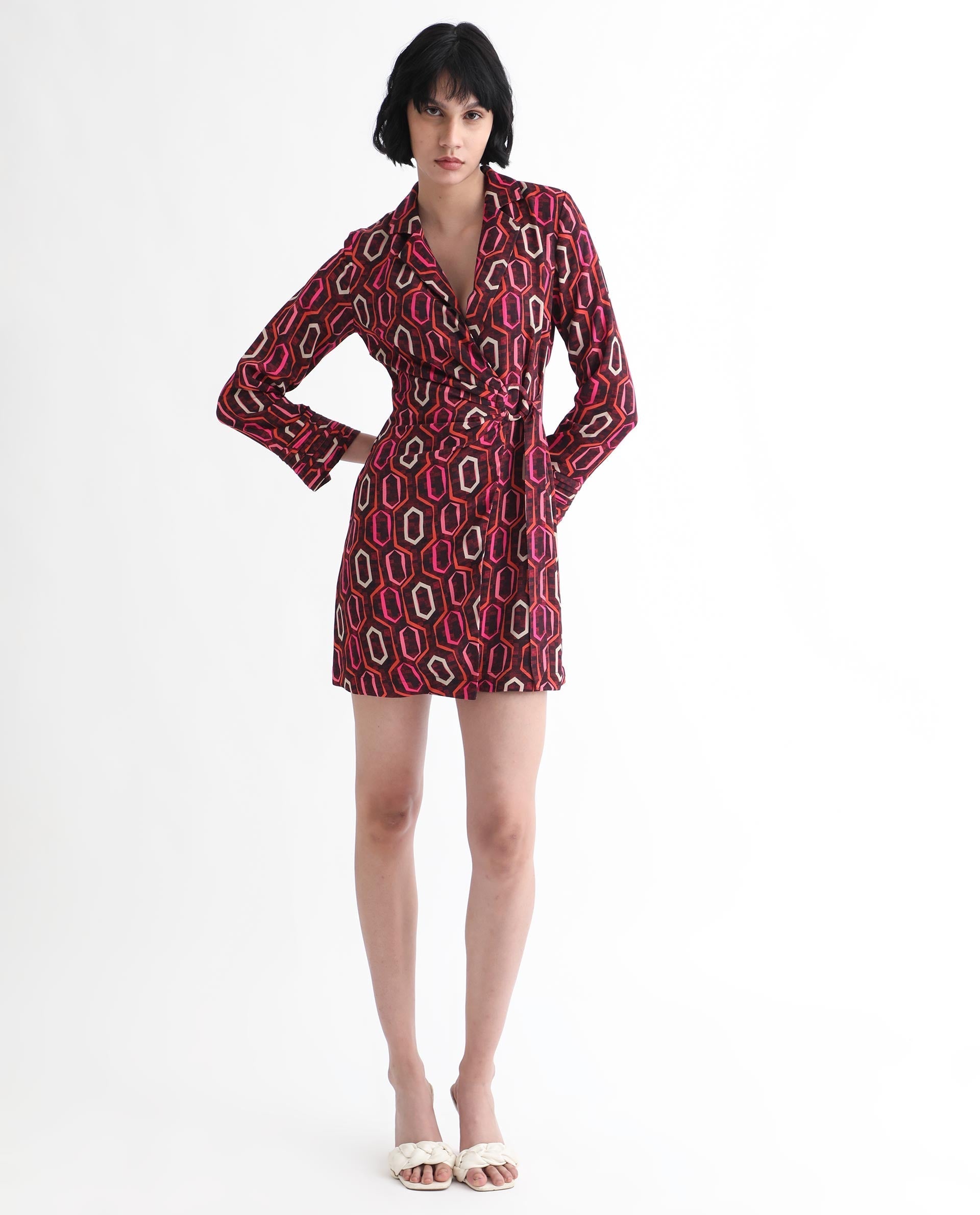 Rareism Women Binden Dark Brown Polyester Fabric 3/4Th Sleeves Tie-Up Closure Lapel Neck Cuffed Sleeve Relaxed Fit Geometric Print Short Wrap Dress