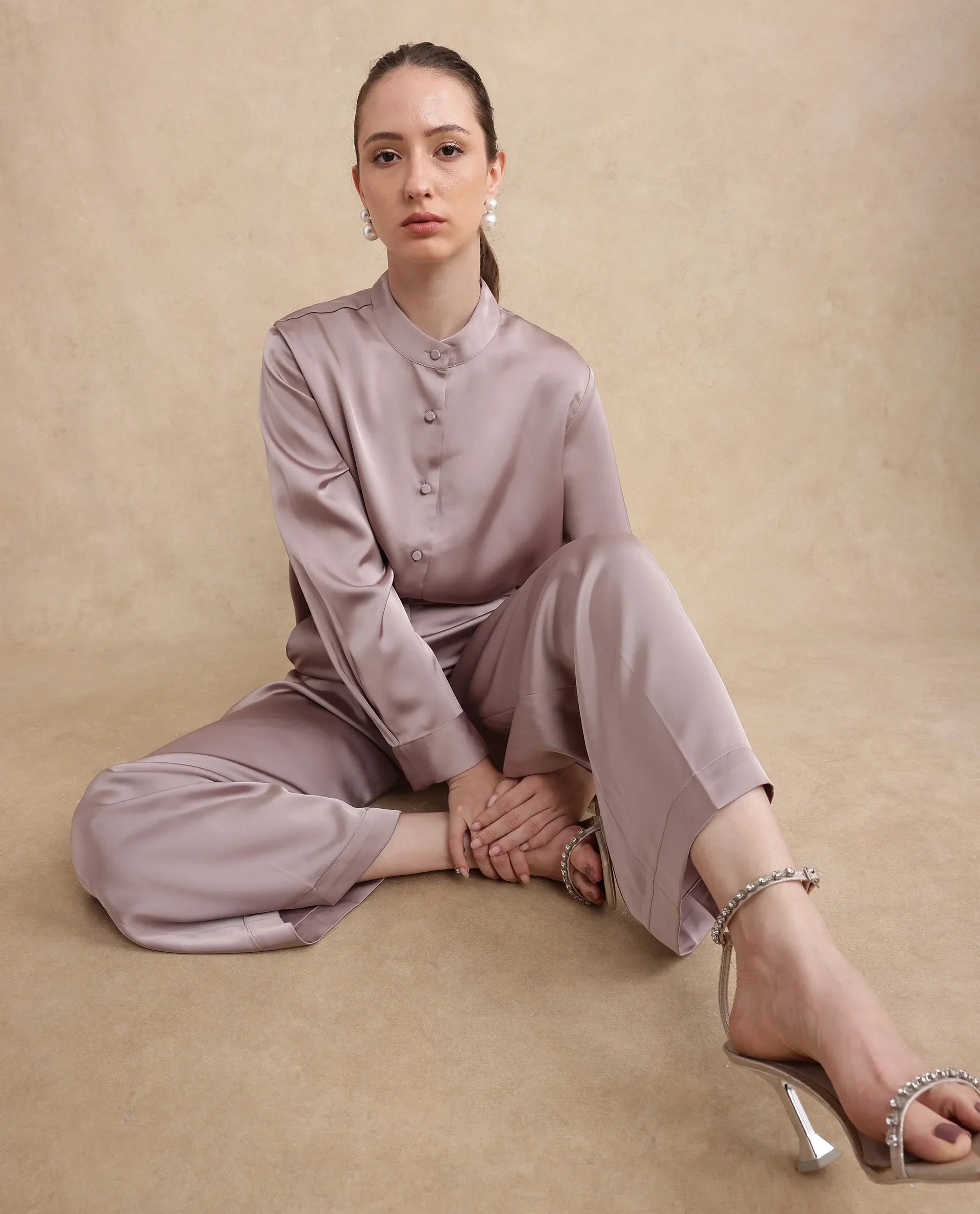 Rareism Women Bingol Dusky Beige Full Sleeve Plain Shirt