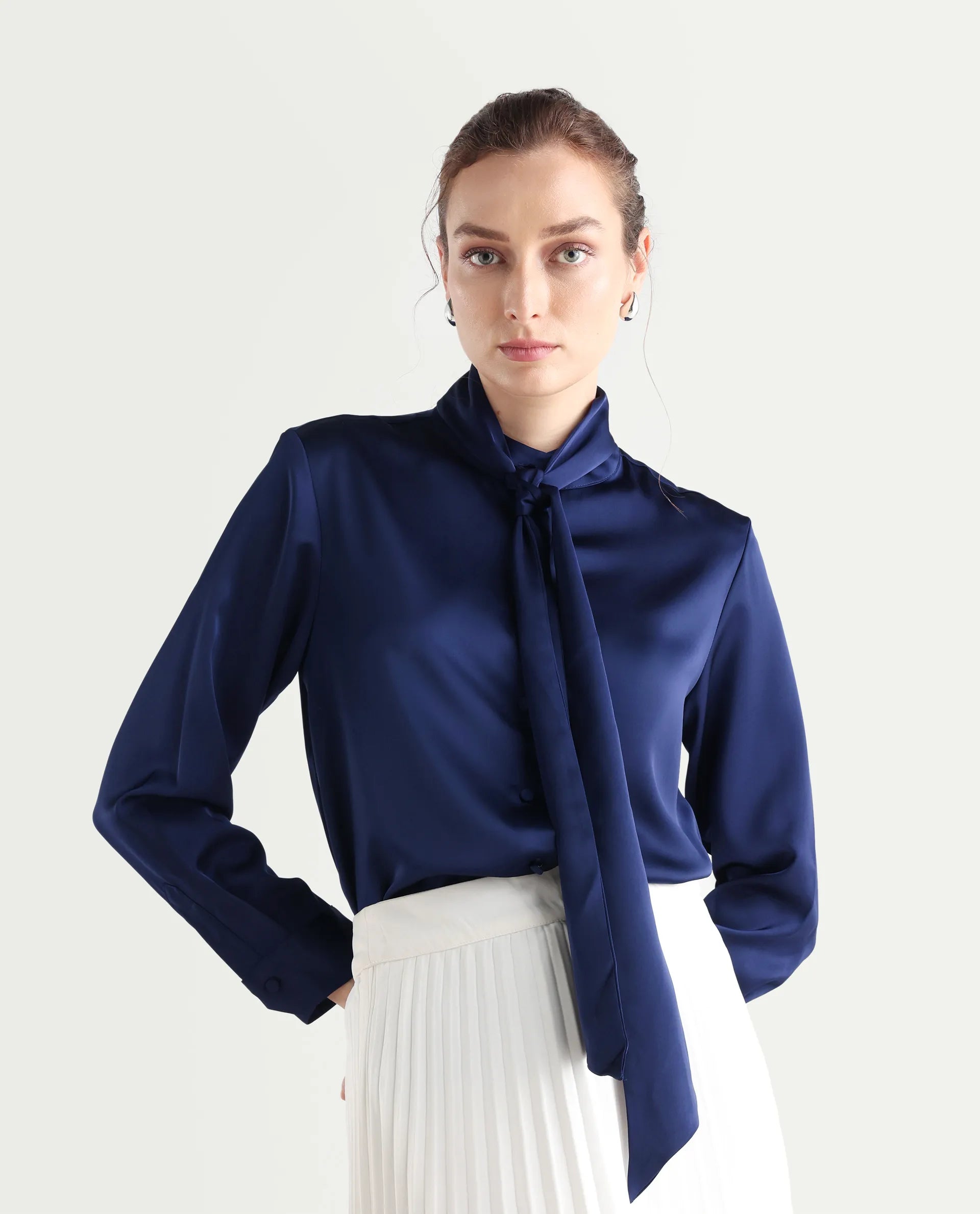 Rareism Women's Bingol Navy Cotton Mandarin Collar Plain Cuffed Sleeve Regular Fit Shirt