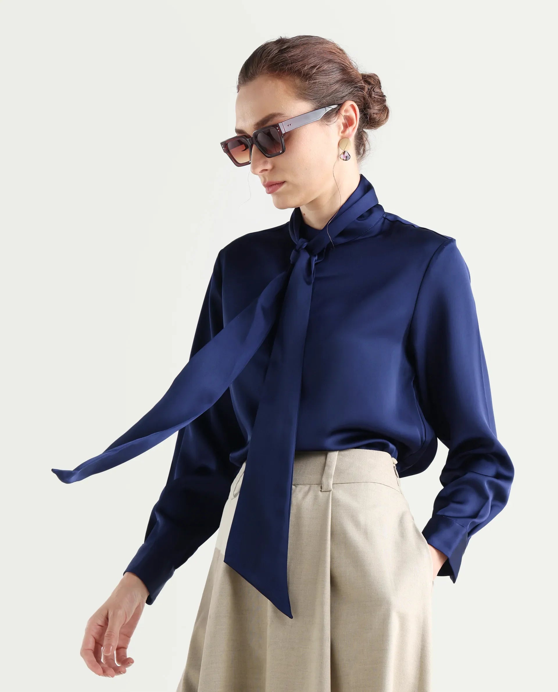 Rareism Women's Bingol Navy Cotton Mandarin Collar Plain Cuffed Sleeve Regular Fit Shirt