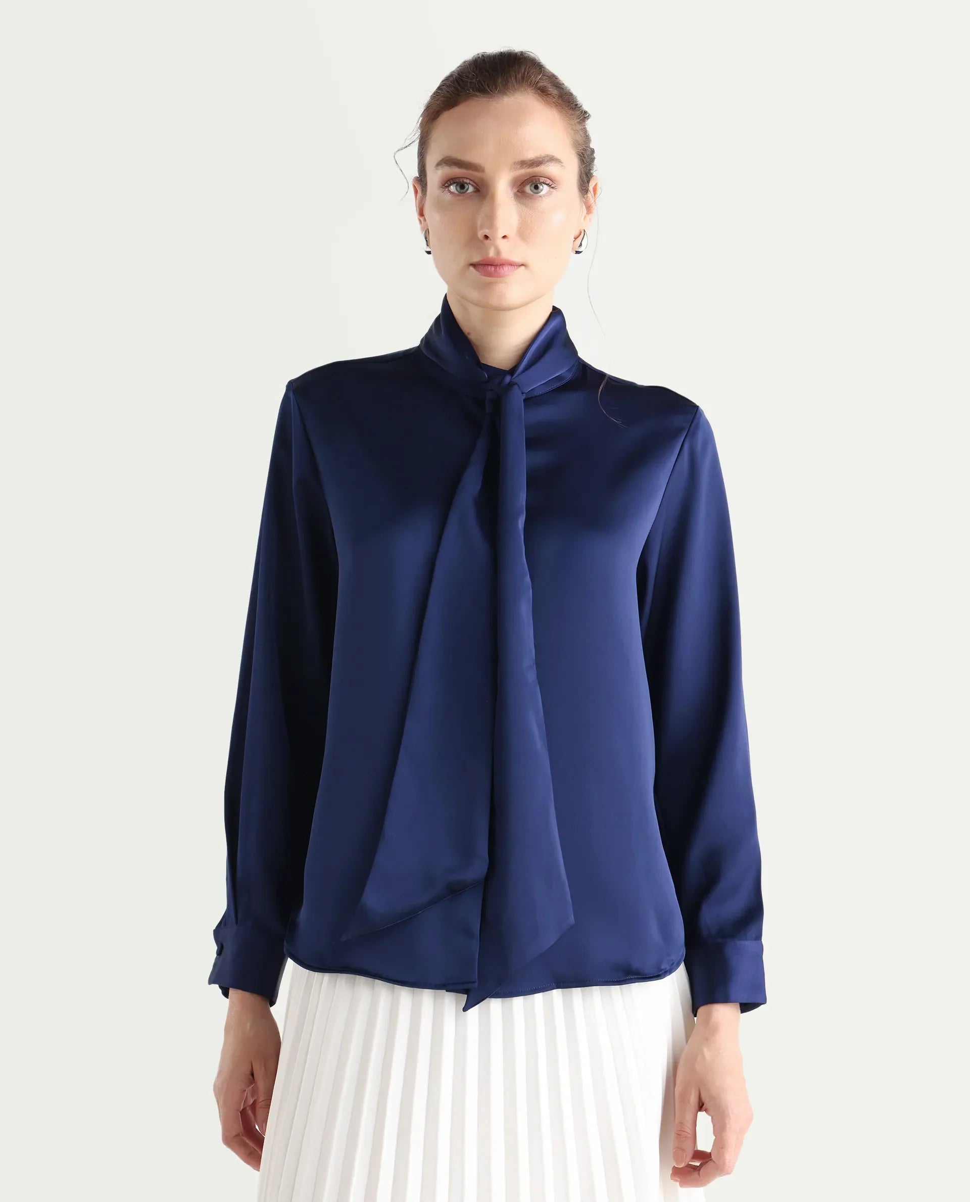 Rareism Women's Bingol Navy Cotton Mandarin Collar Plain Cuffed Sleeve Regular Fit Shirt
