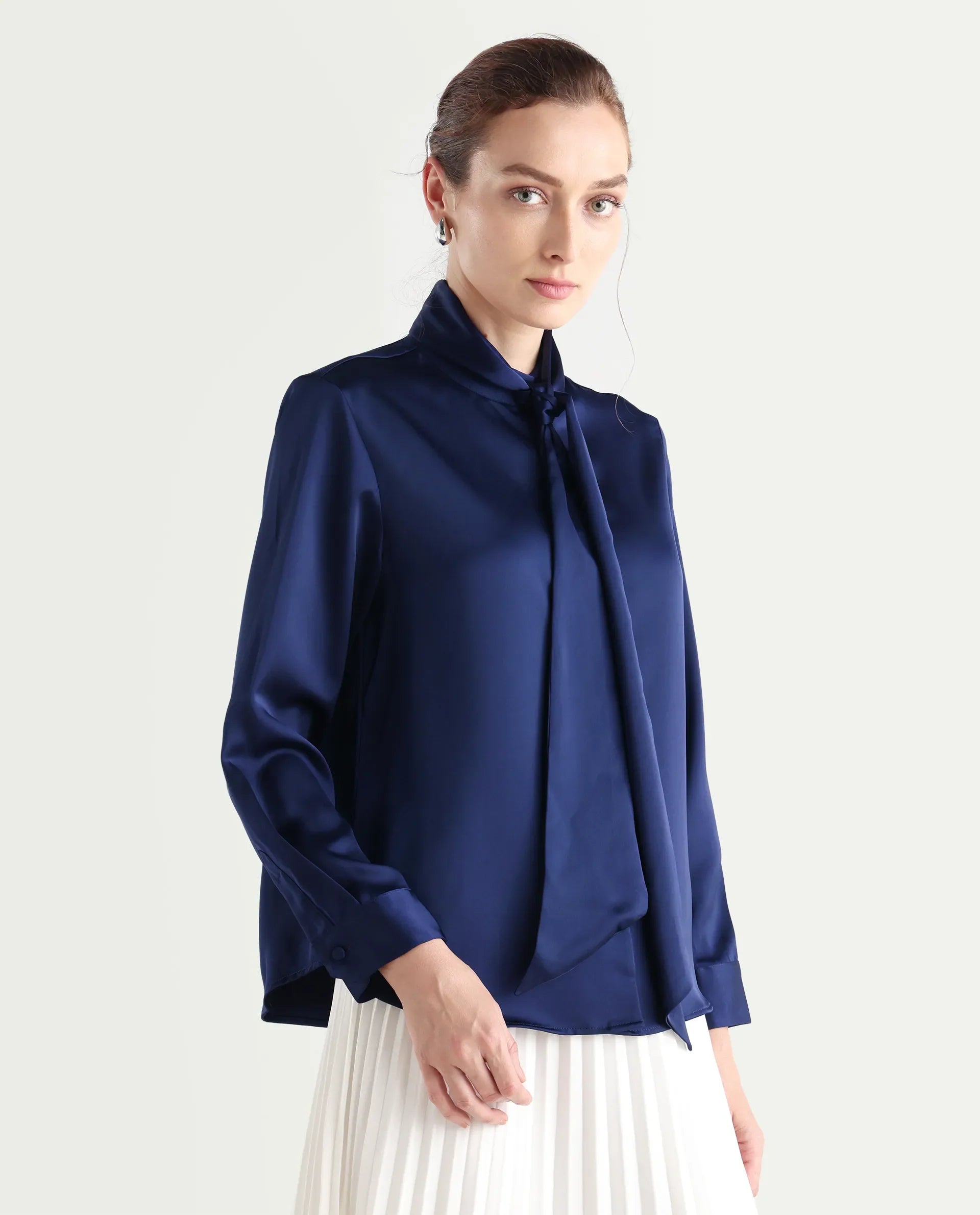 Rareism Women's Bingol Navy Cotton Mandarin Collar Plain Cuffed Sleeve Regular Fit Shirt