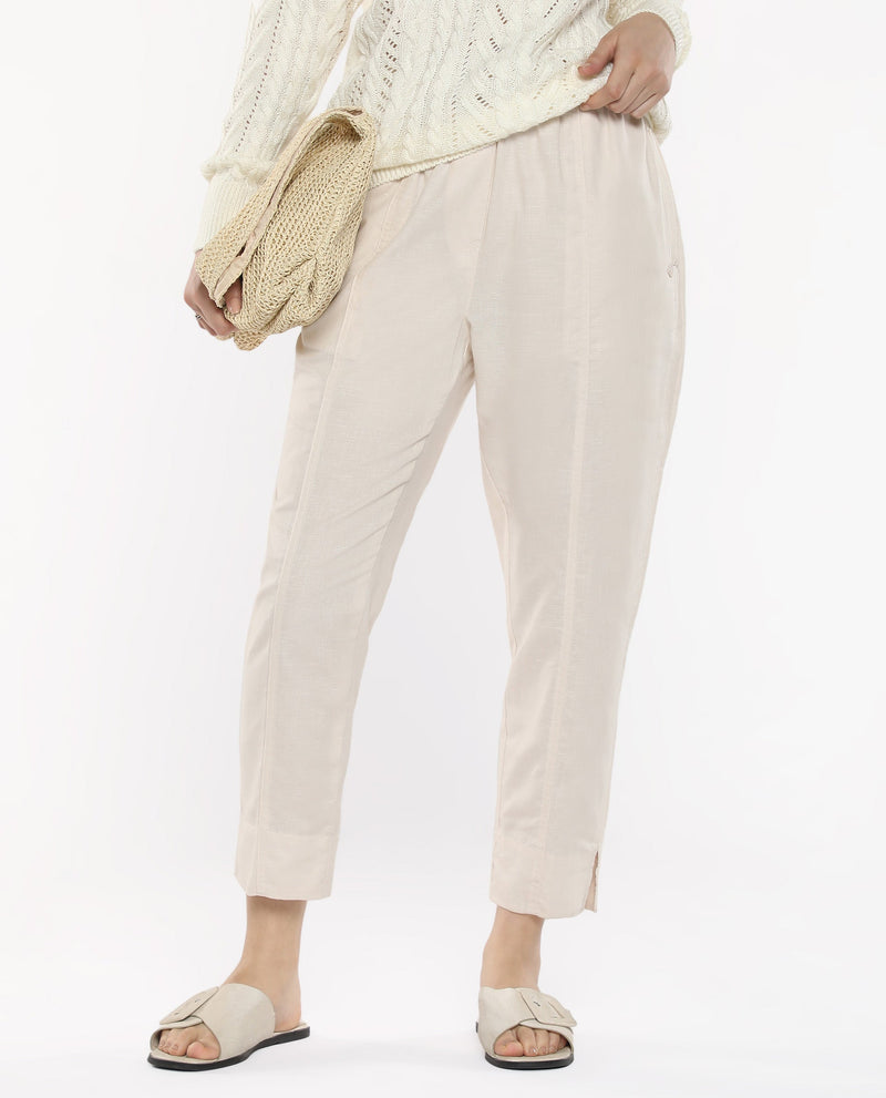 Rareism Women Bintono Off White Tapered Fit Plain Ankle Length Trouser