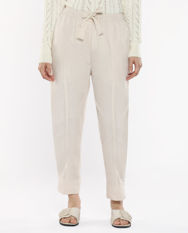 Rareism Women Bintono Off White Tapered Fit Plain Ankle Length Trouser