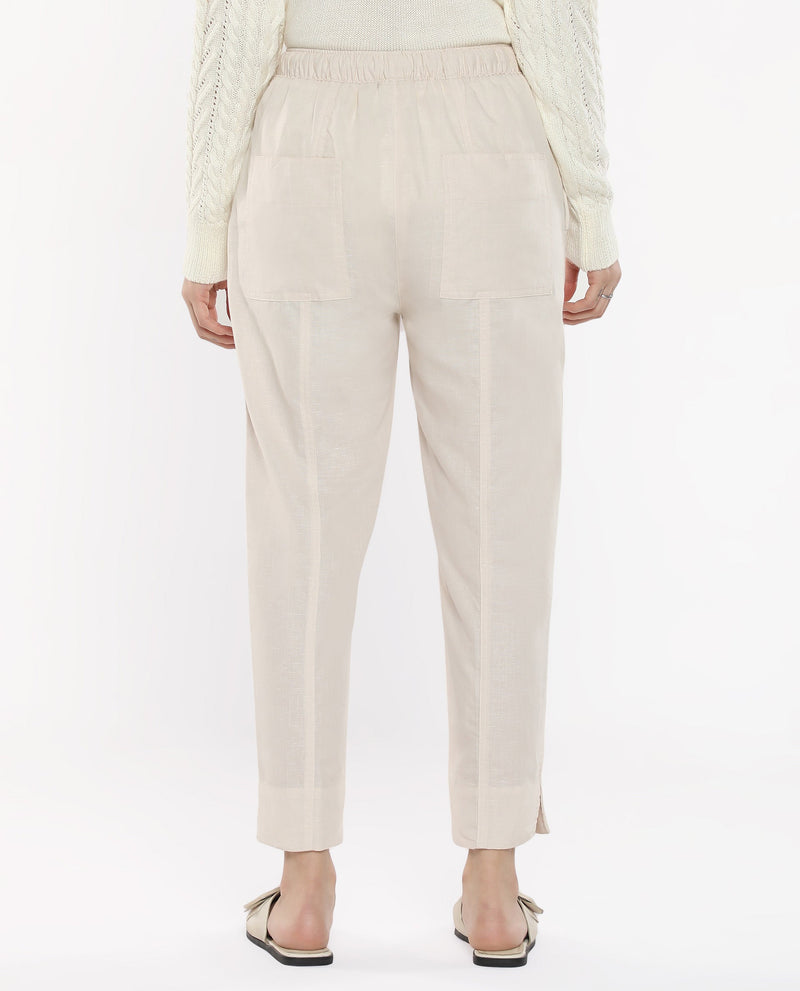 Rareism Women Bintono Off White Tapered Fit Plain Ankle Length Trouser