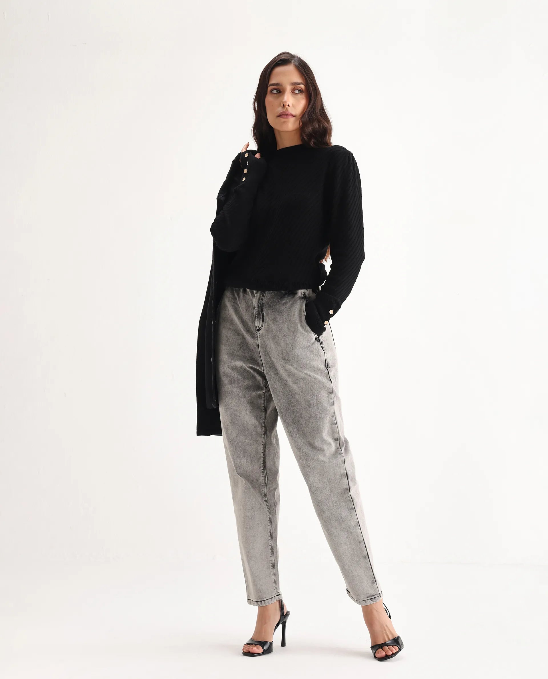 Rareism Women's Birdwing Black Cotton Blend Plain Ankle Length Tailored Jeans