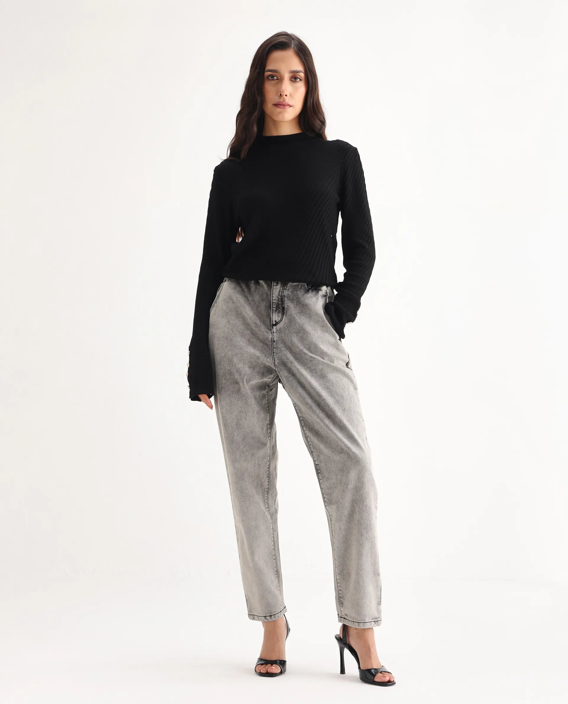 Rareism Women's Birdwing Black Cotton Blend Plain Ankle Length Tailored Jeans