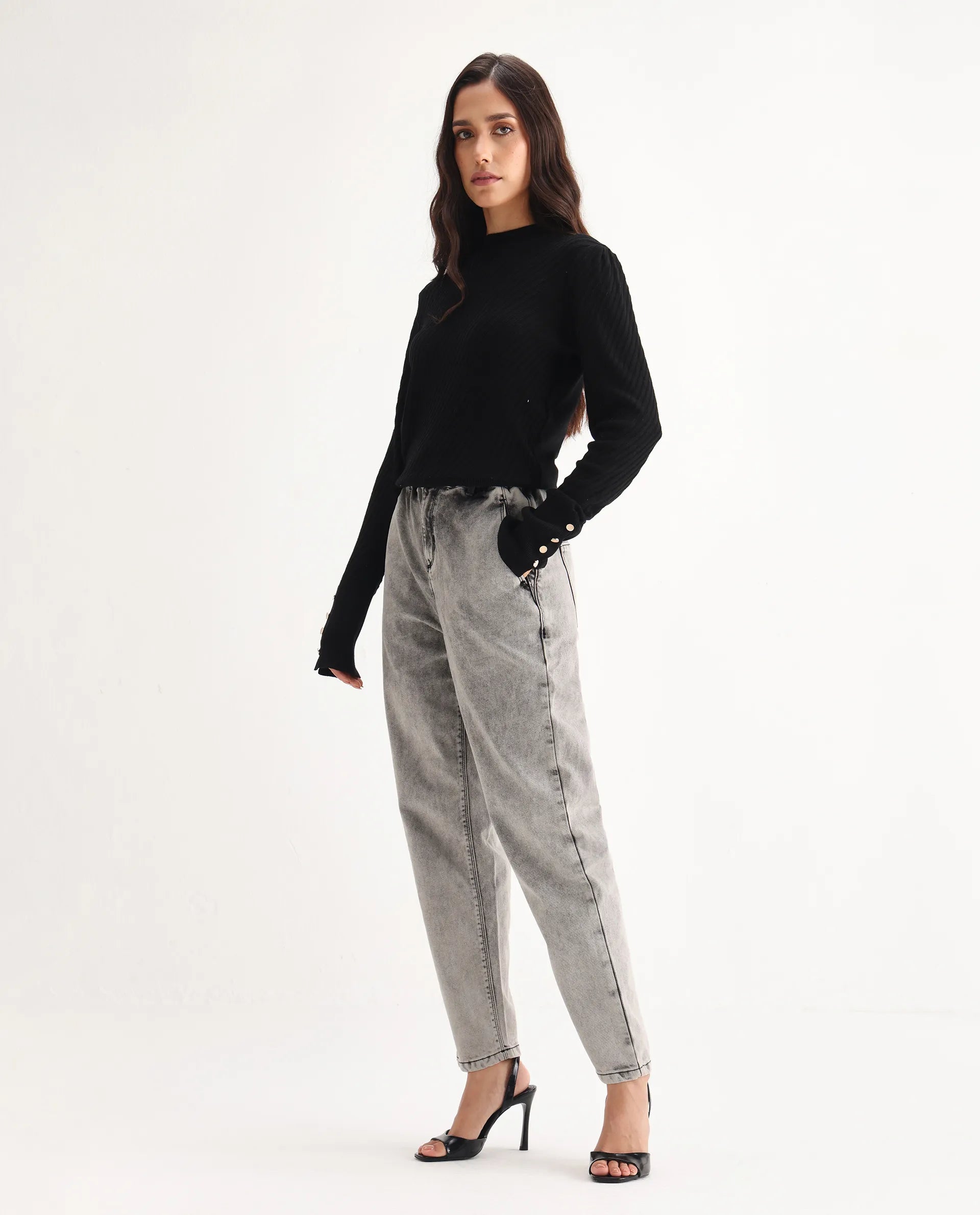 Rareism Women's Birdwing Black Cotton Blend Plain Ankle Length Tailored Jeans