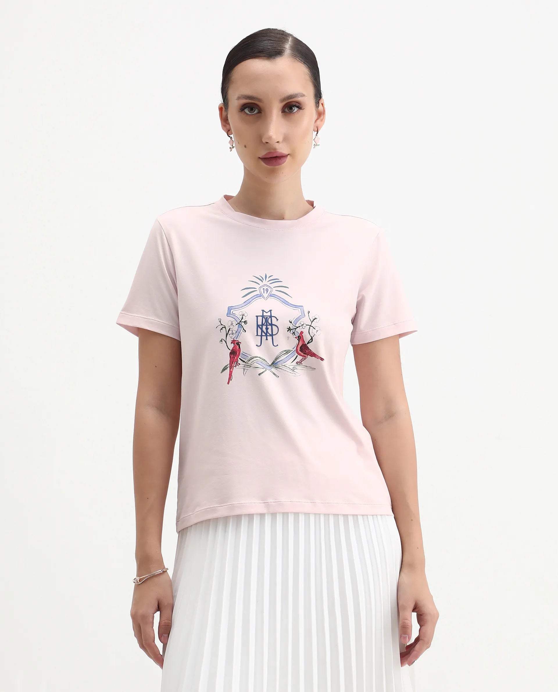 Rareism Women's Birk Light Pink Cotton Blend Crew Neck Regular Fit T-Shirt