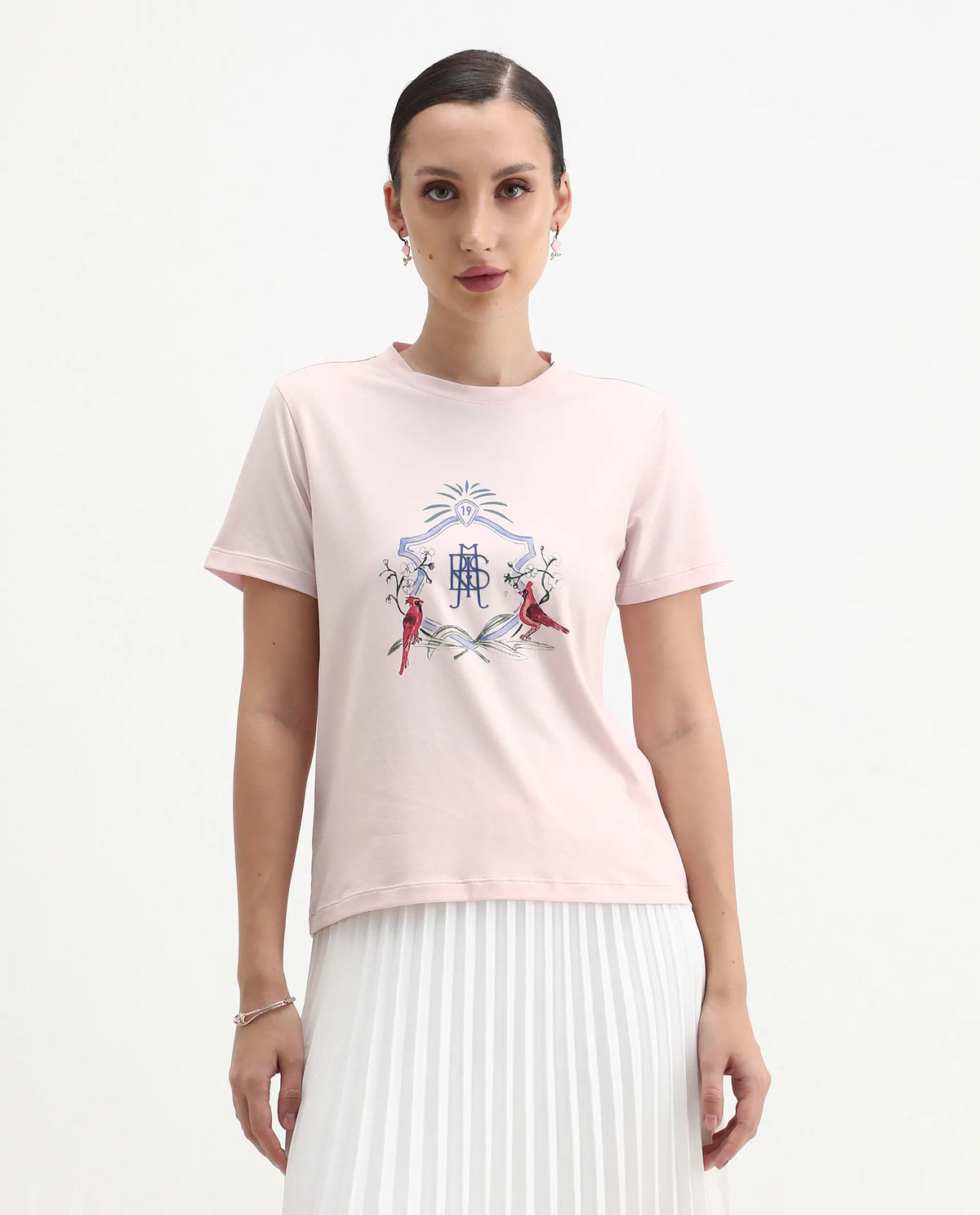 Rareism Women's Birk Light Pink Cotton Blend Crew Neck Regular Fit T-Shirt