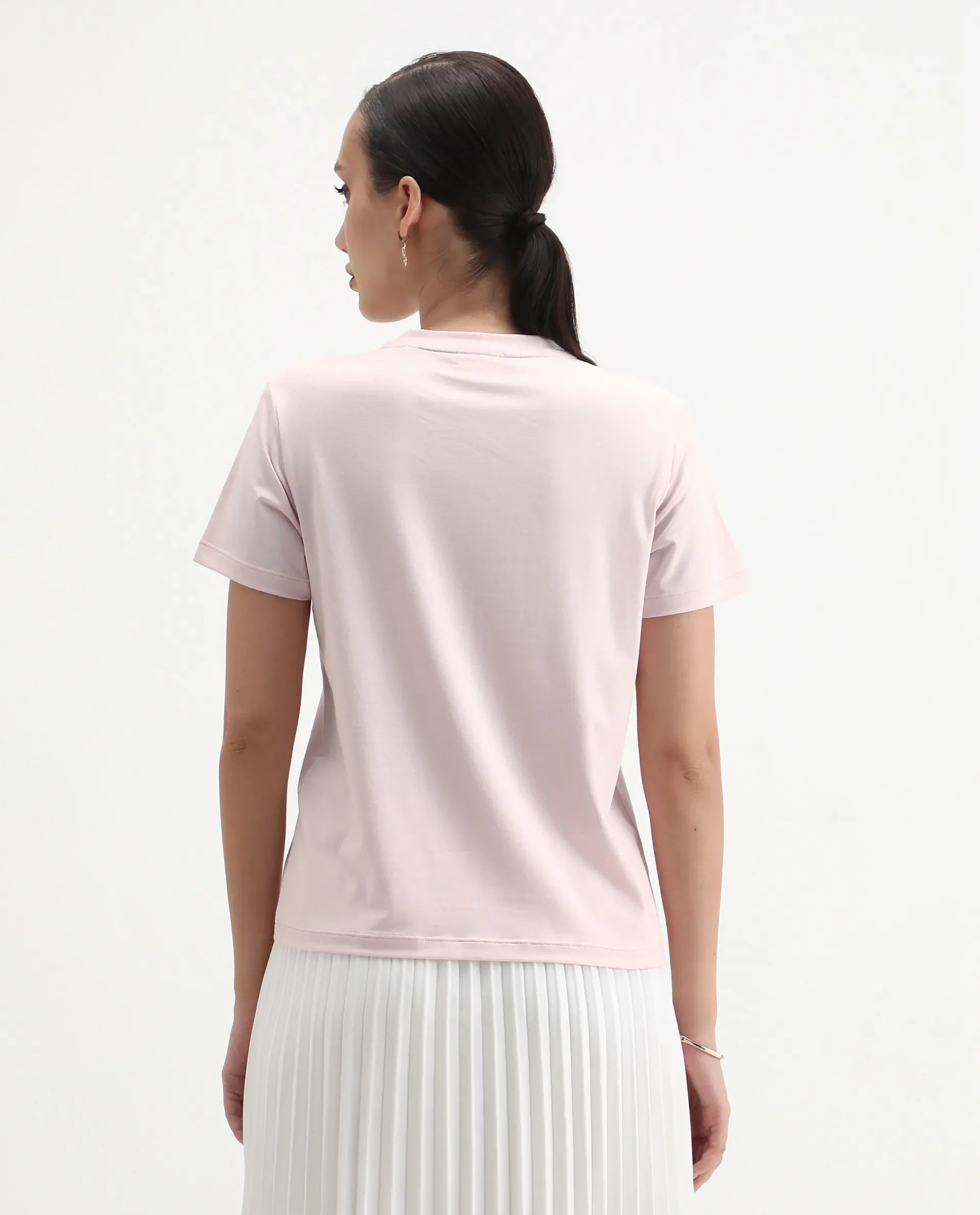 Rareism Women's Birk Light Pink Cotton Blend Crew Neck Regular Fit T-Shirt