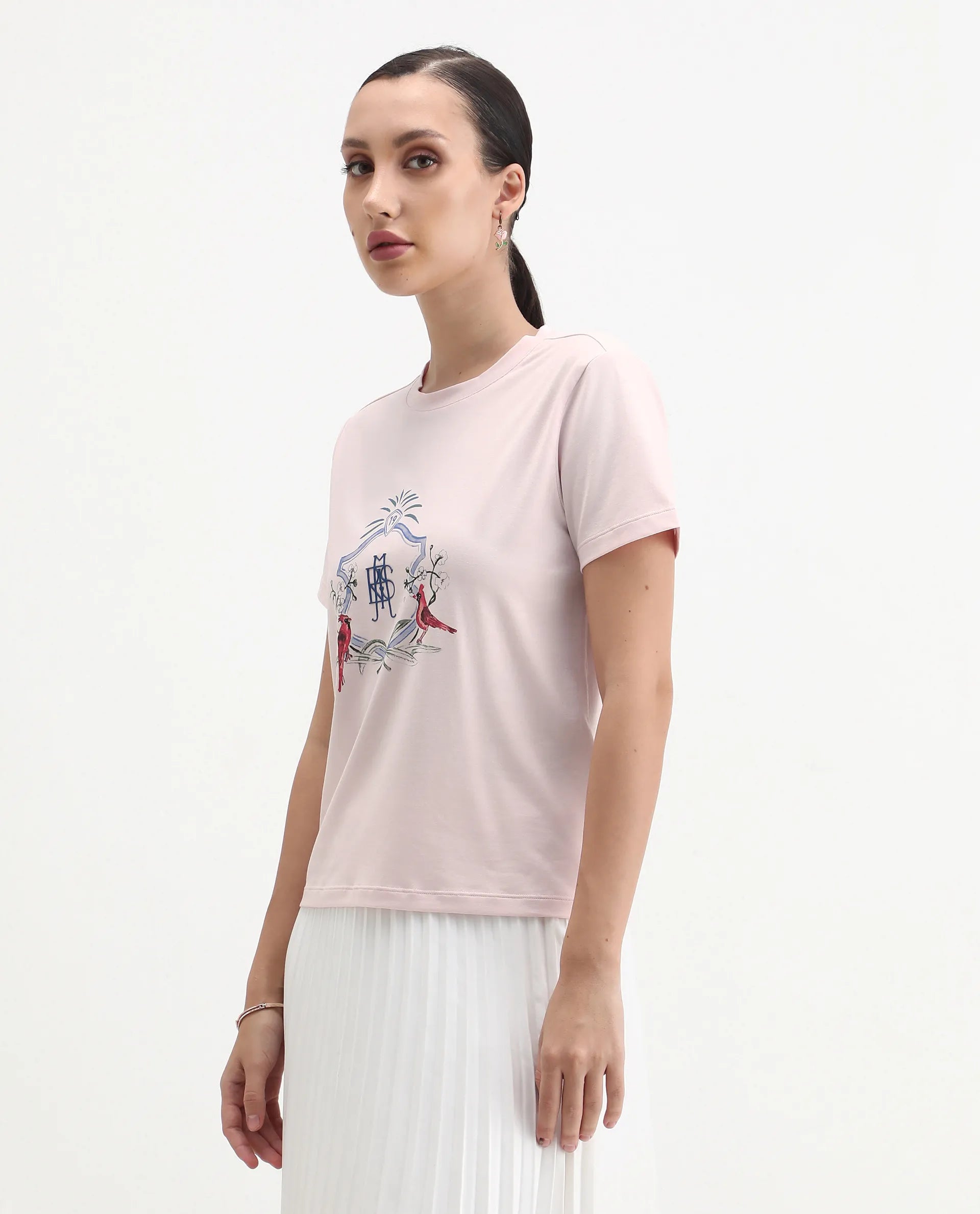 Rareism Women's Birk Light Pink Cotton Blend Crew Neck Regular Fit T-Shirt