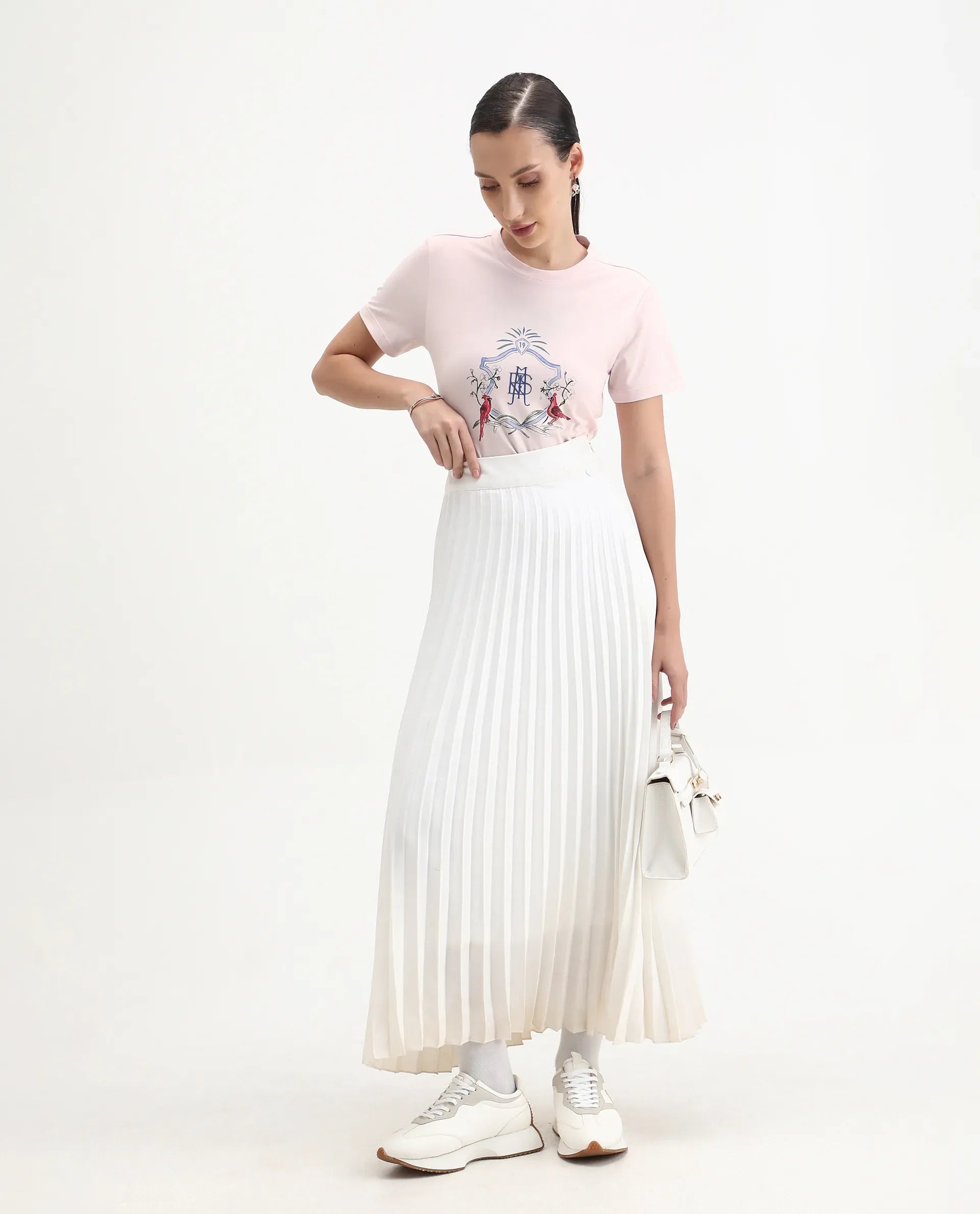 Rareism Women's Birk Light Pink Cotton Blend Crew Neck Regular Fit T-Shirt