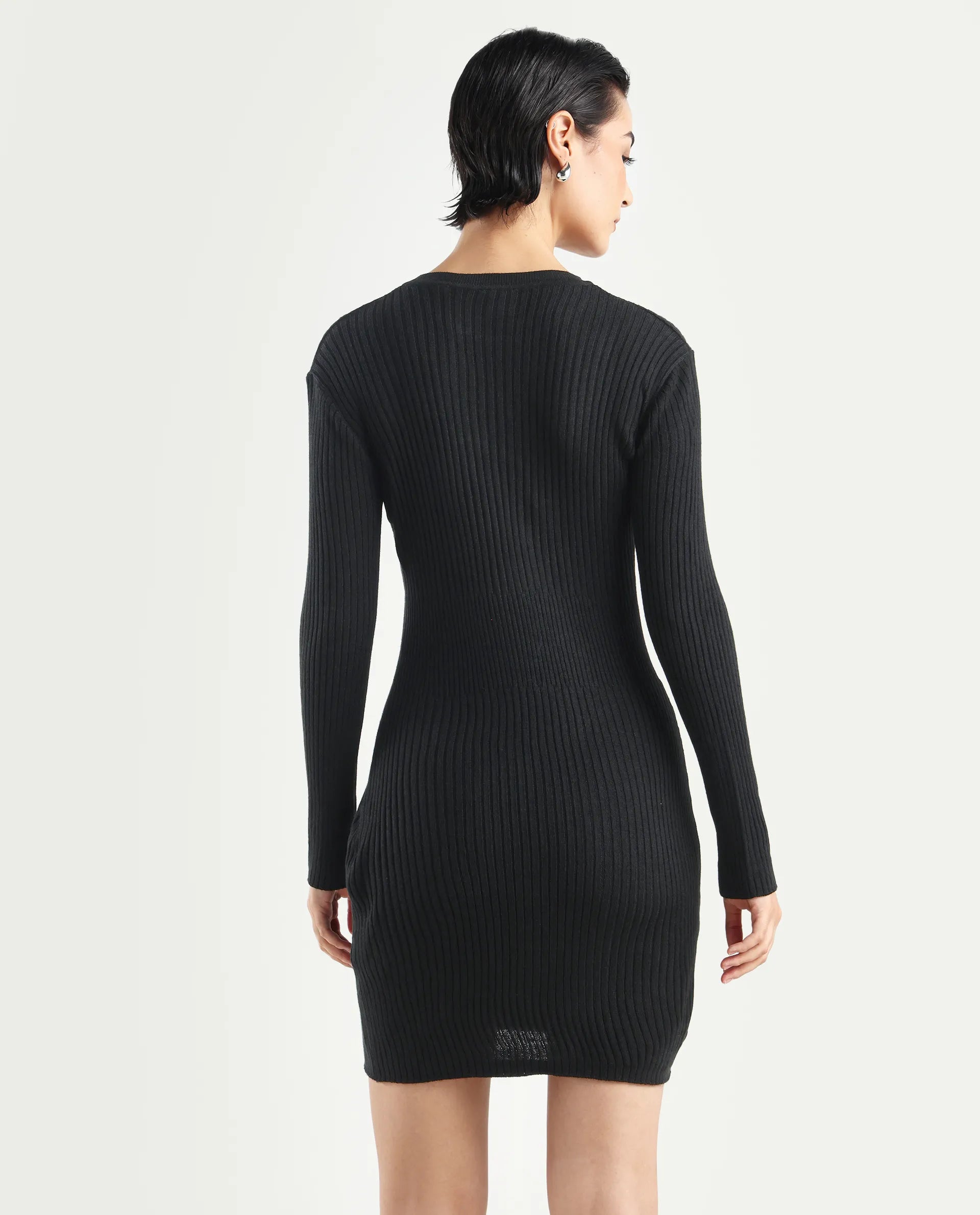 Rareism Women's Biyanca Black Acrylic Crew Neck Plain Mini Bodycon Dress