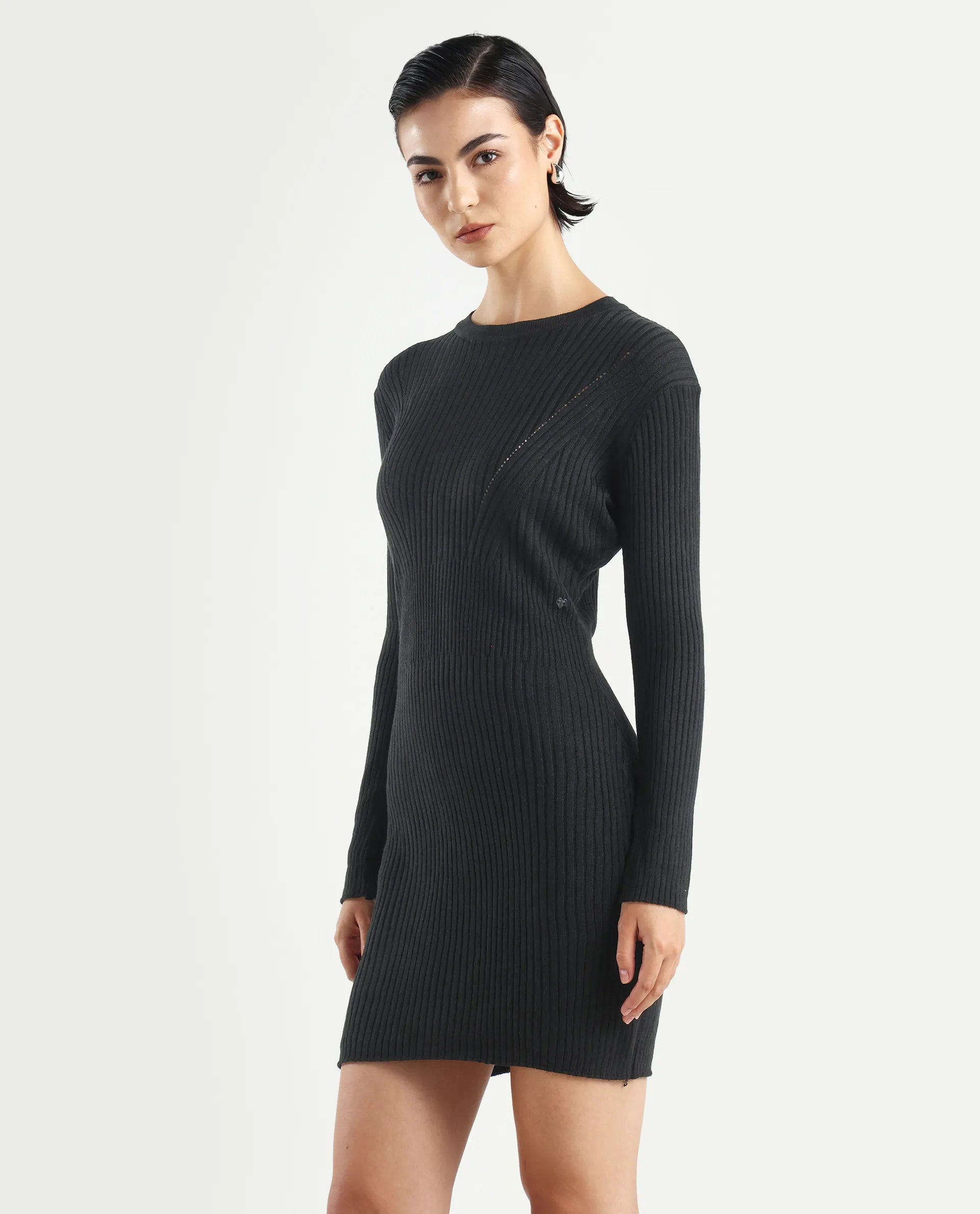Rareism Women's Biyanca Black Acrylic Crew Neck Plain Mini Bodycon Dress