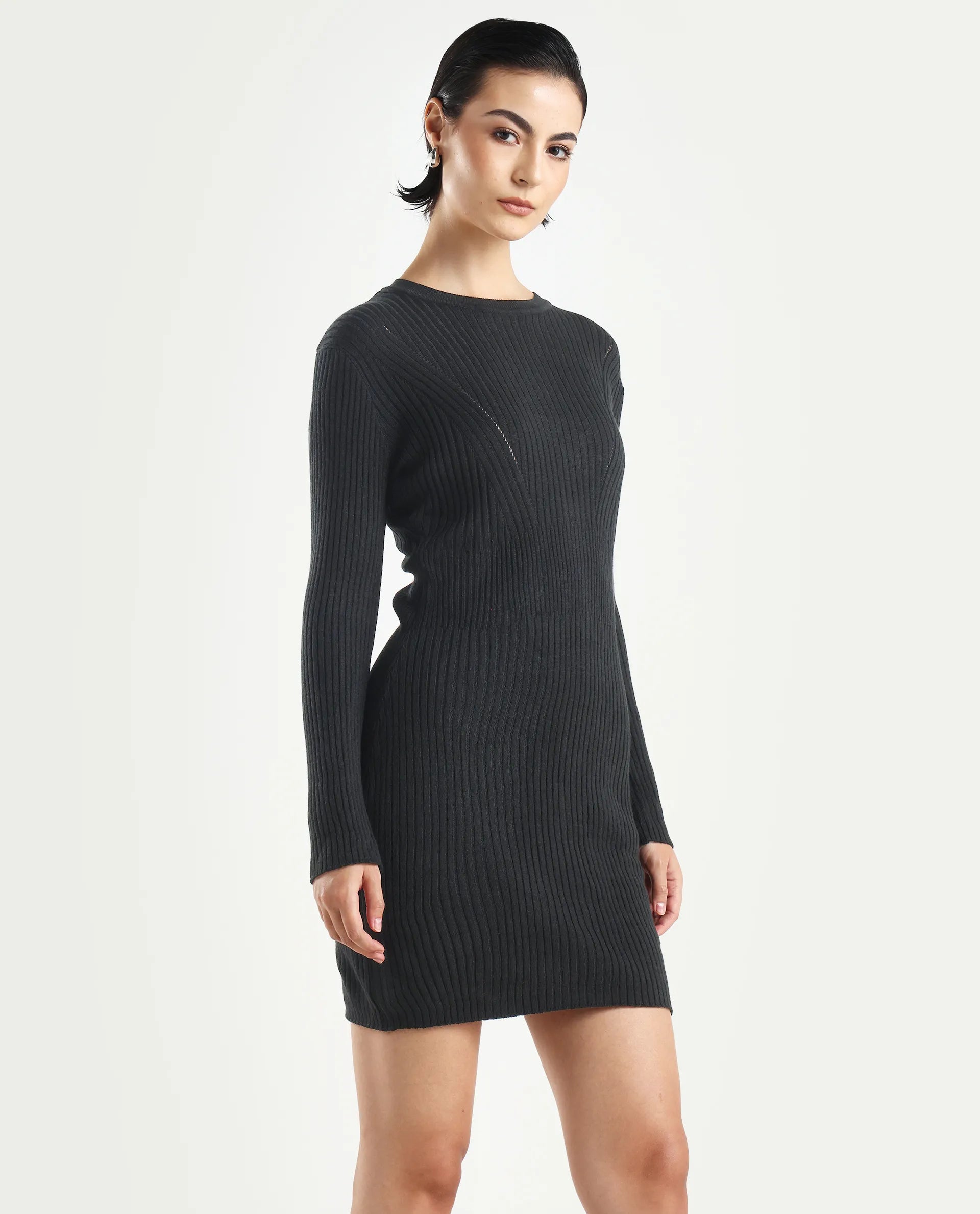 Rareism Women's Biyanca Black Acrylic Crew Neck Plain Mini Bodycon Dress