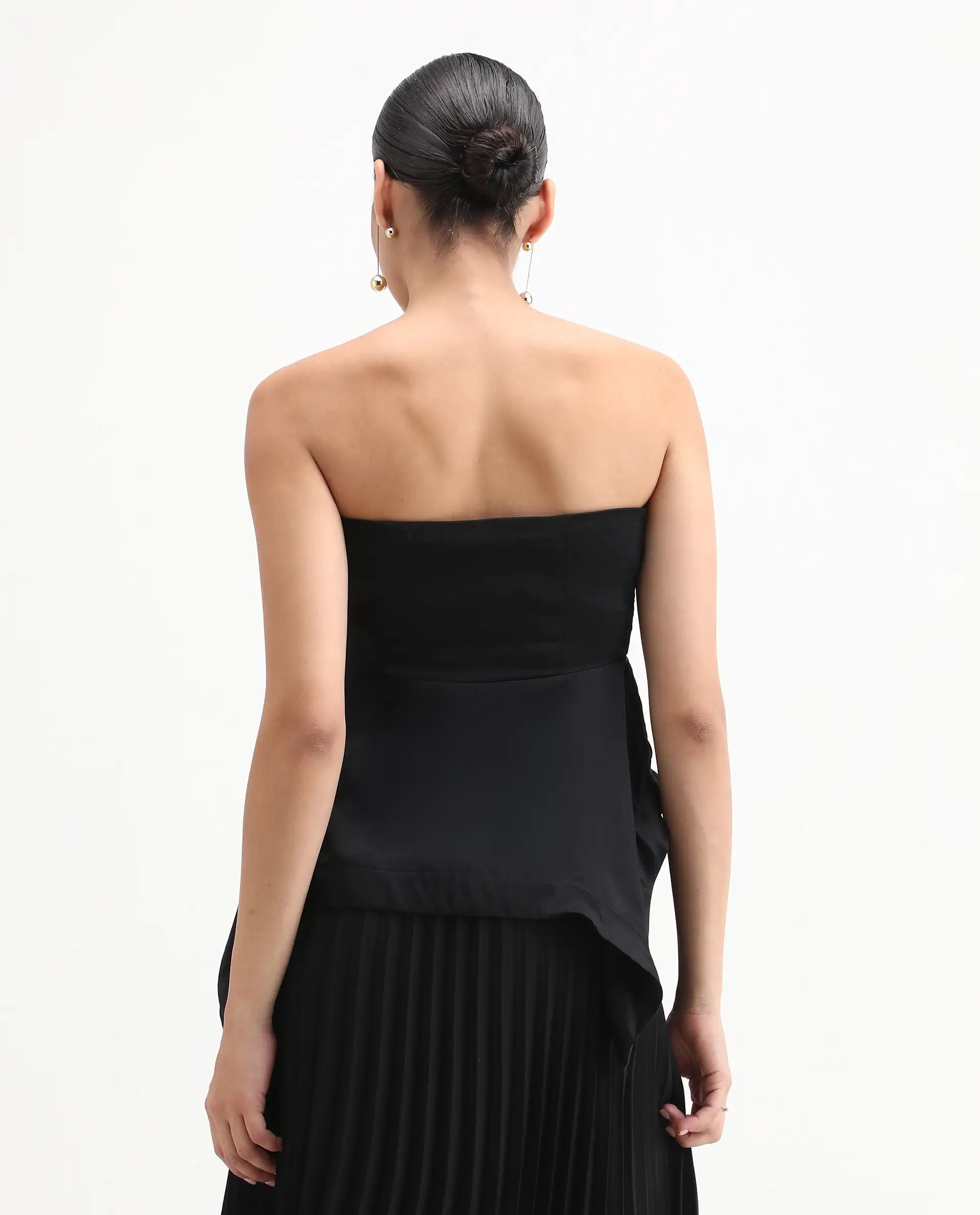 Rareism Women's Bizfer Black Satin Tube Neck Plain Sleeveless Regular Fit And Flare Top