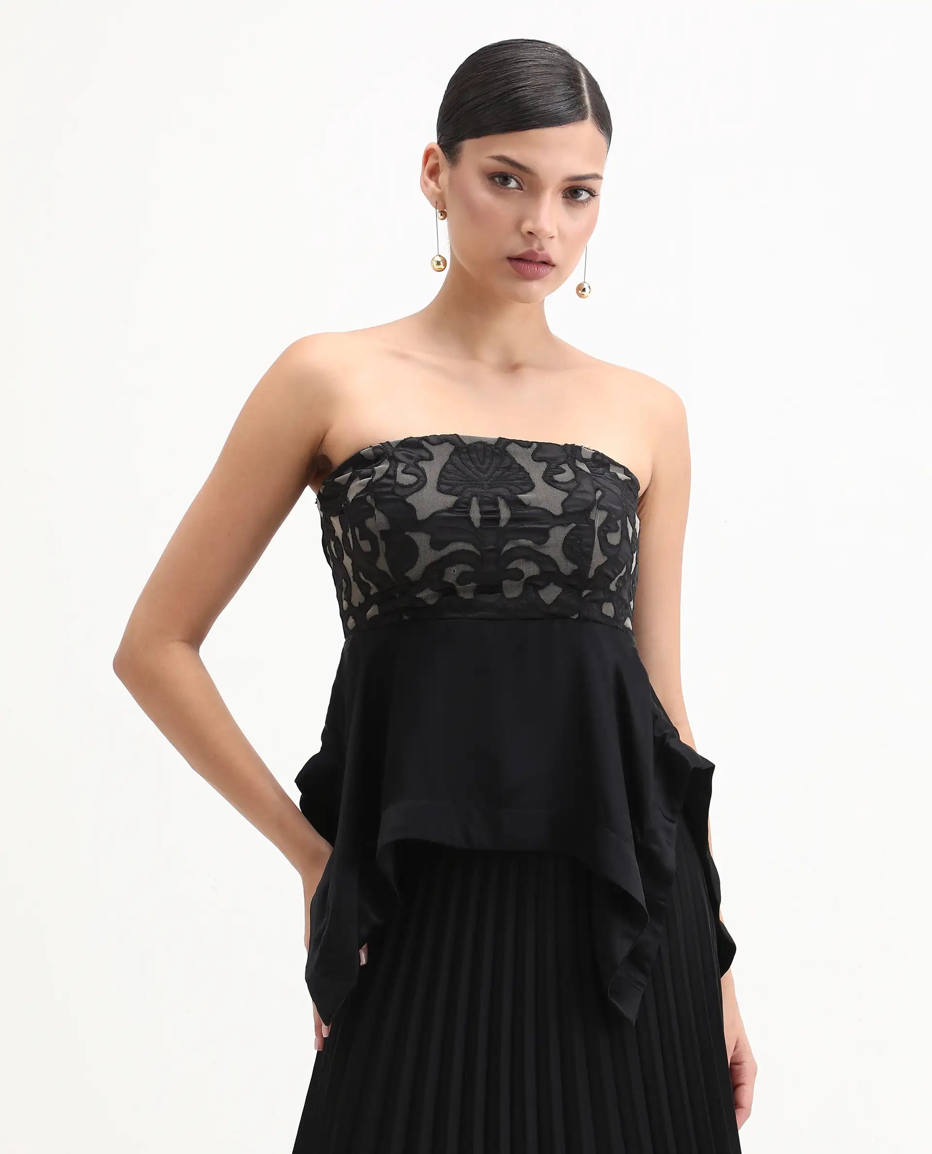 Rareism Women's Bizfer Black Satin Tube Neck Plain Sleeveless Regular Fit And Flare Top