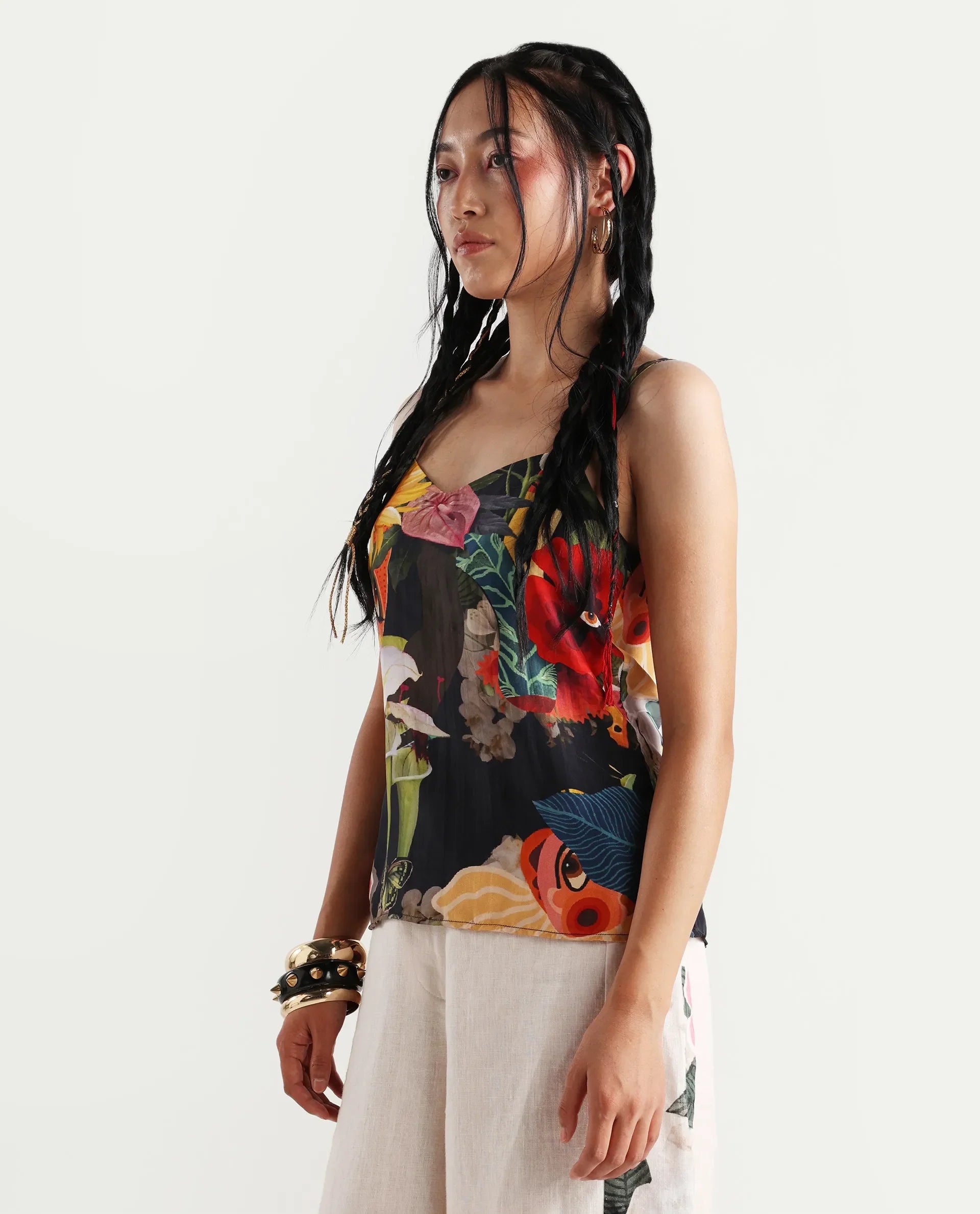 Rareism Women's Bizu-T Black Silk Sleeveless Regular Fit Abstract Print Top