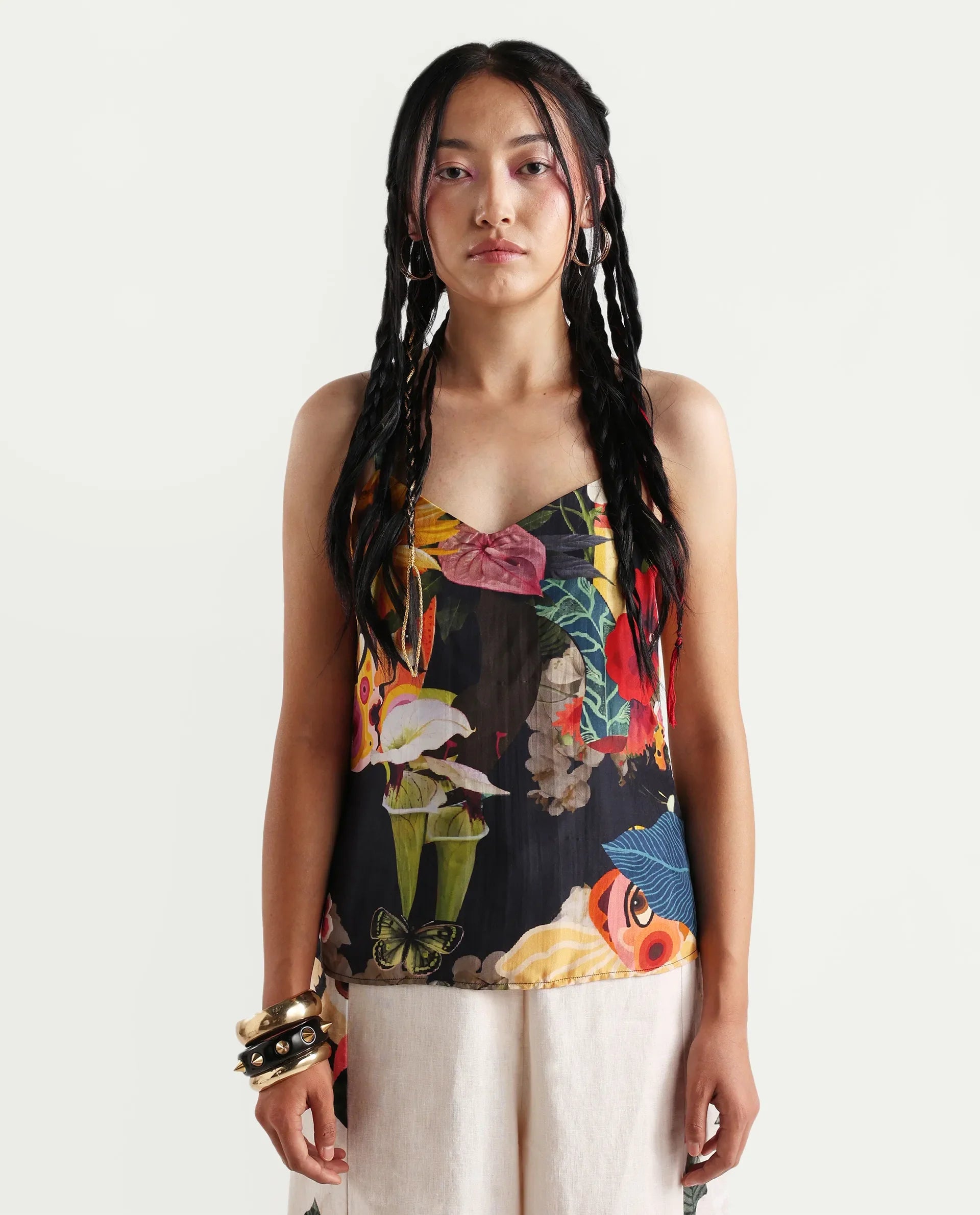 Rareism Women's Bizu-T Black Silk Sleeveless Regular Fit Abstract Print Top