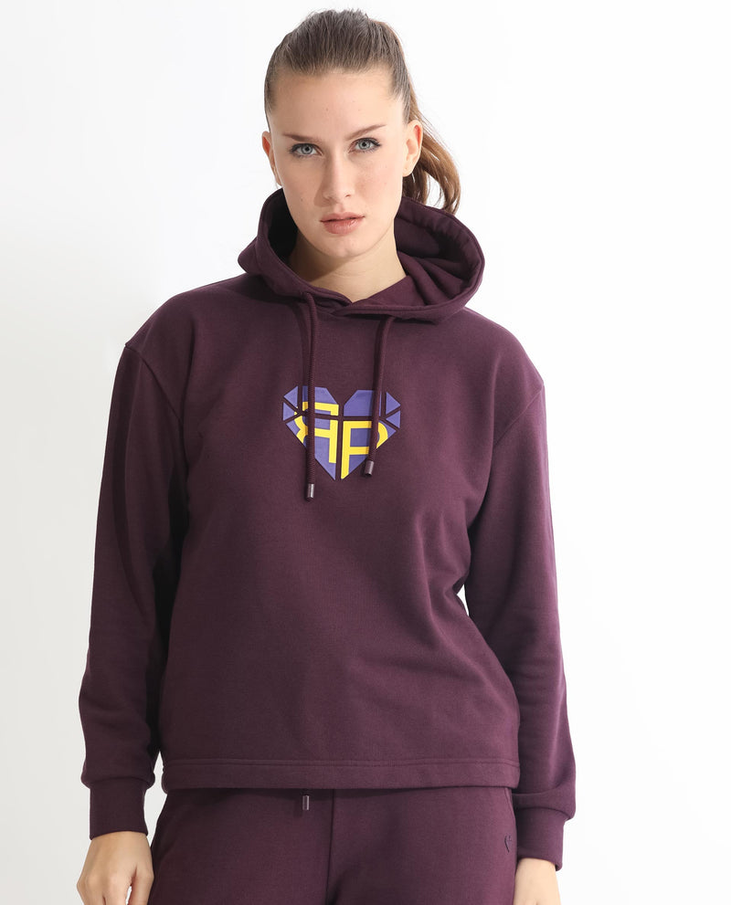 Rareism Women Blacher Dark Maroon Poly Cotton Fabric Regular Fit Full Sleeves Graphic Print Hooded Sweatshirt