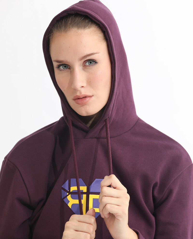 Rareism Women Blacher Dark Maroon Poly Cotton Fabric Regular Fit Full Sleeves Graphic Print Hooded Sweatshirt