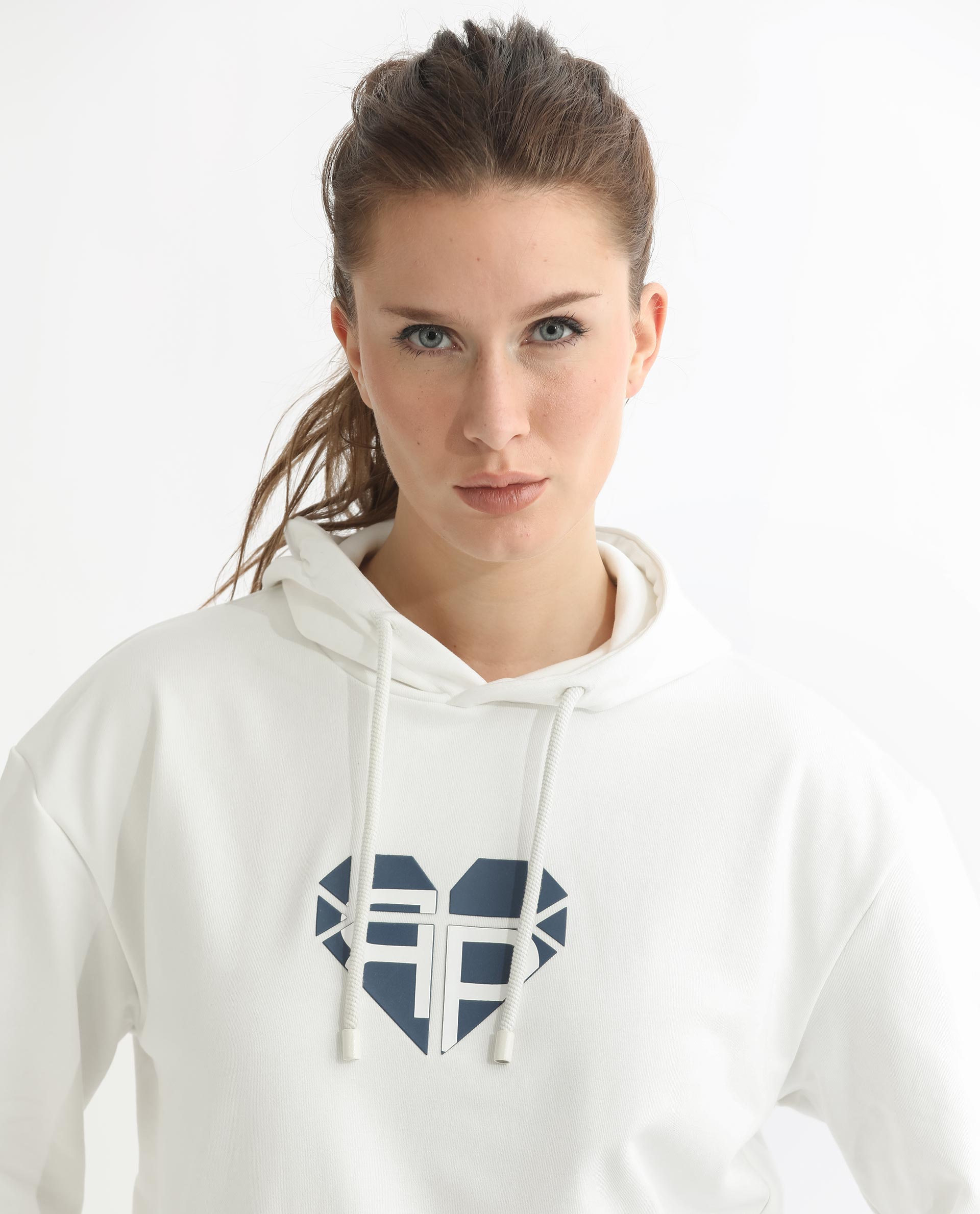 Rareism Women Blacher Off White Poly Cotton Fabric Regular Fit Full Sleeves Graphic Print Hooded Sweatshirt