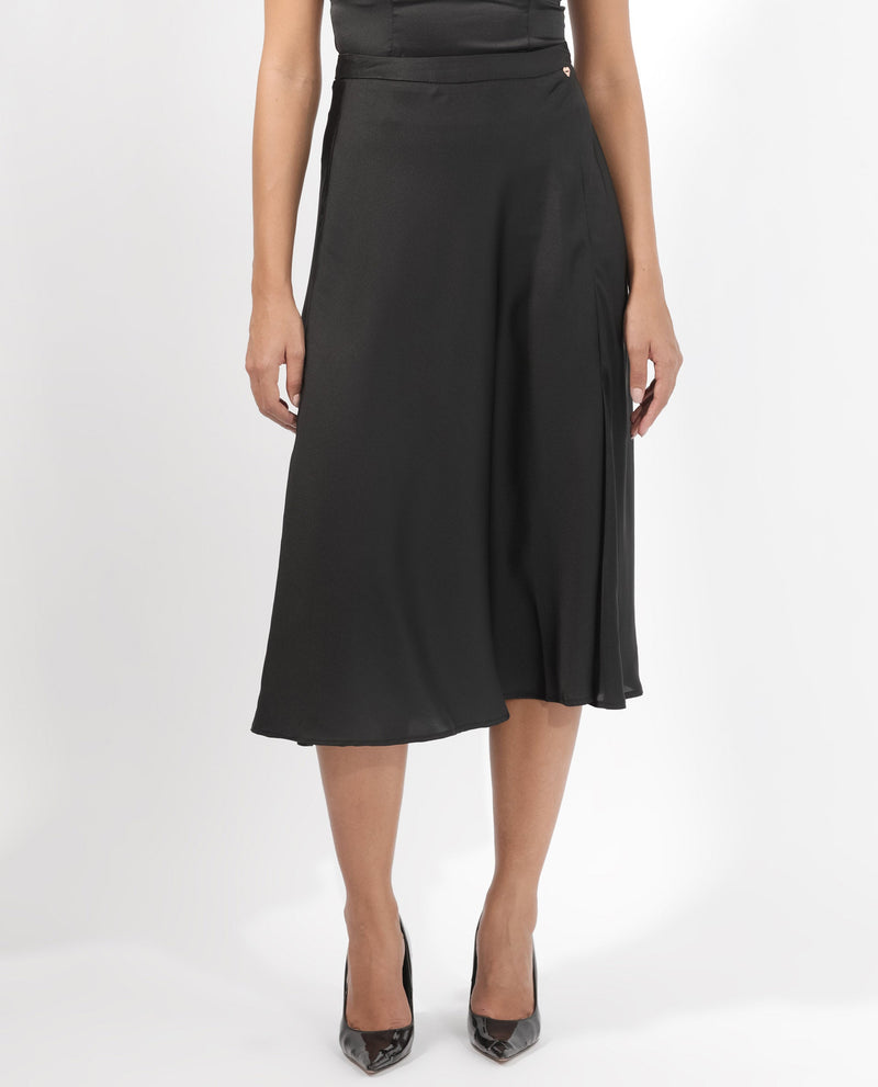 Rareism Women Ailsa Black Polyester Fabric Zip Closure Regular Fit Plain Knee Length Skirt